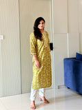 Fariha Green Cotton Floral Casual Straight Kurta
