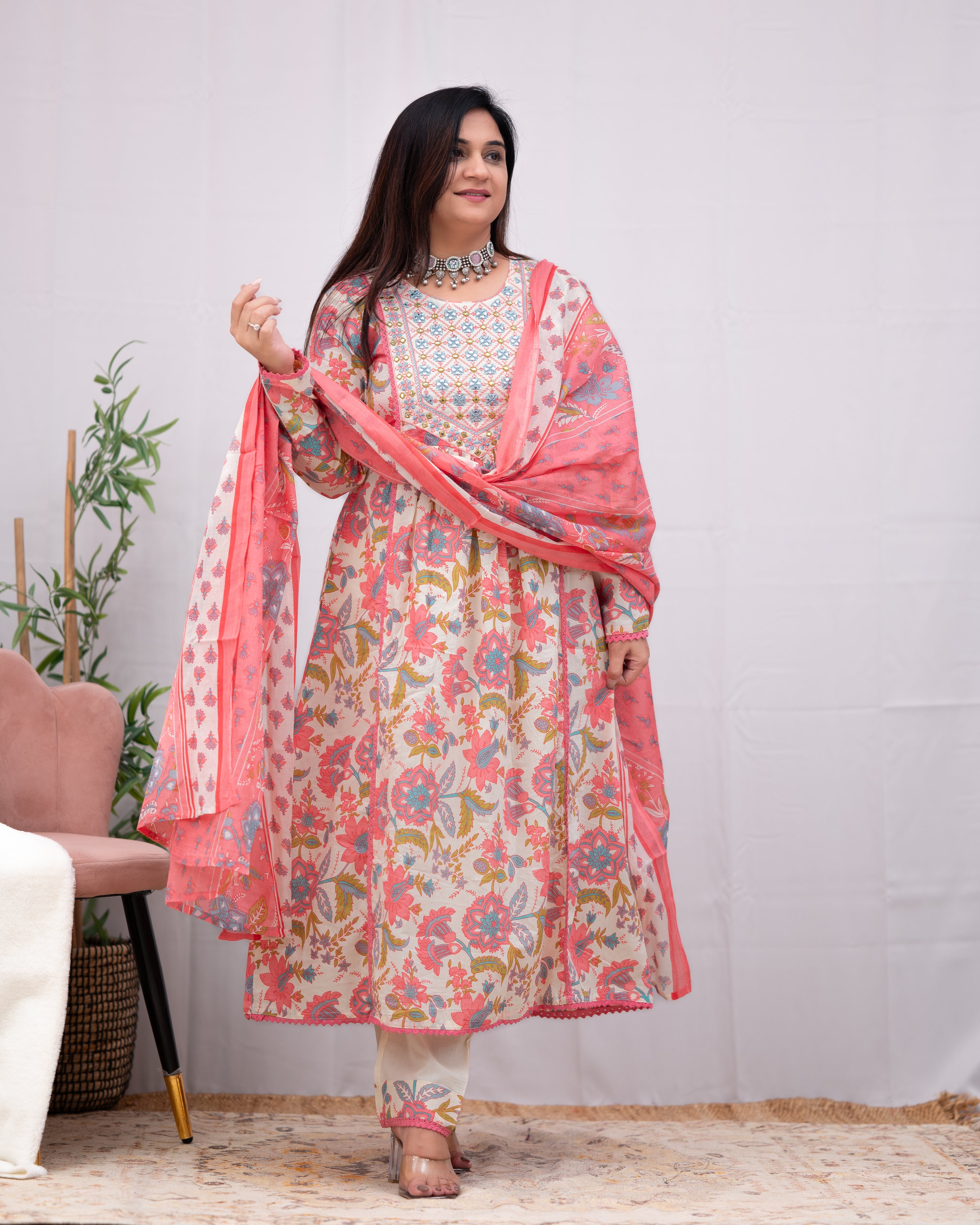 Zaina Mul Cotton Anarkali With Embroidery Detailing with Dupatta