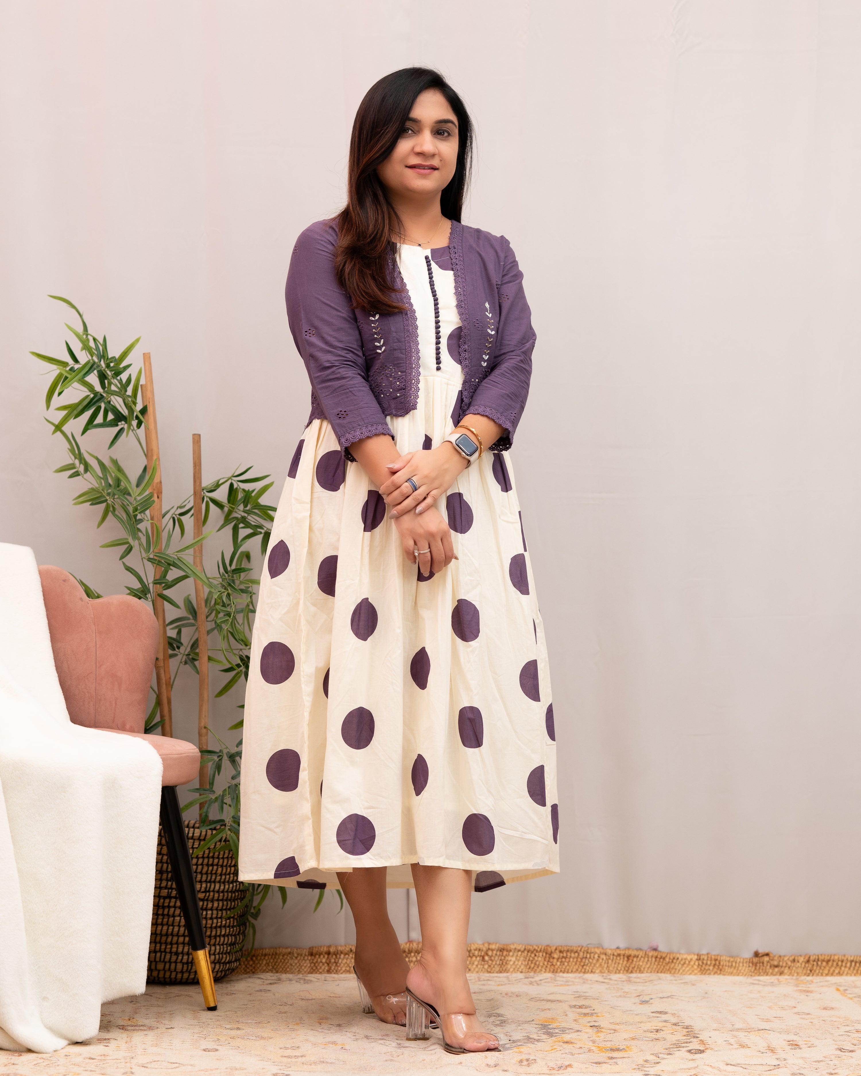 Geneva Polka Mul Cotton Dress with Embroidered Shrug