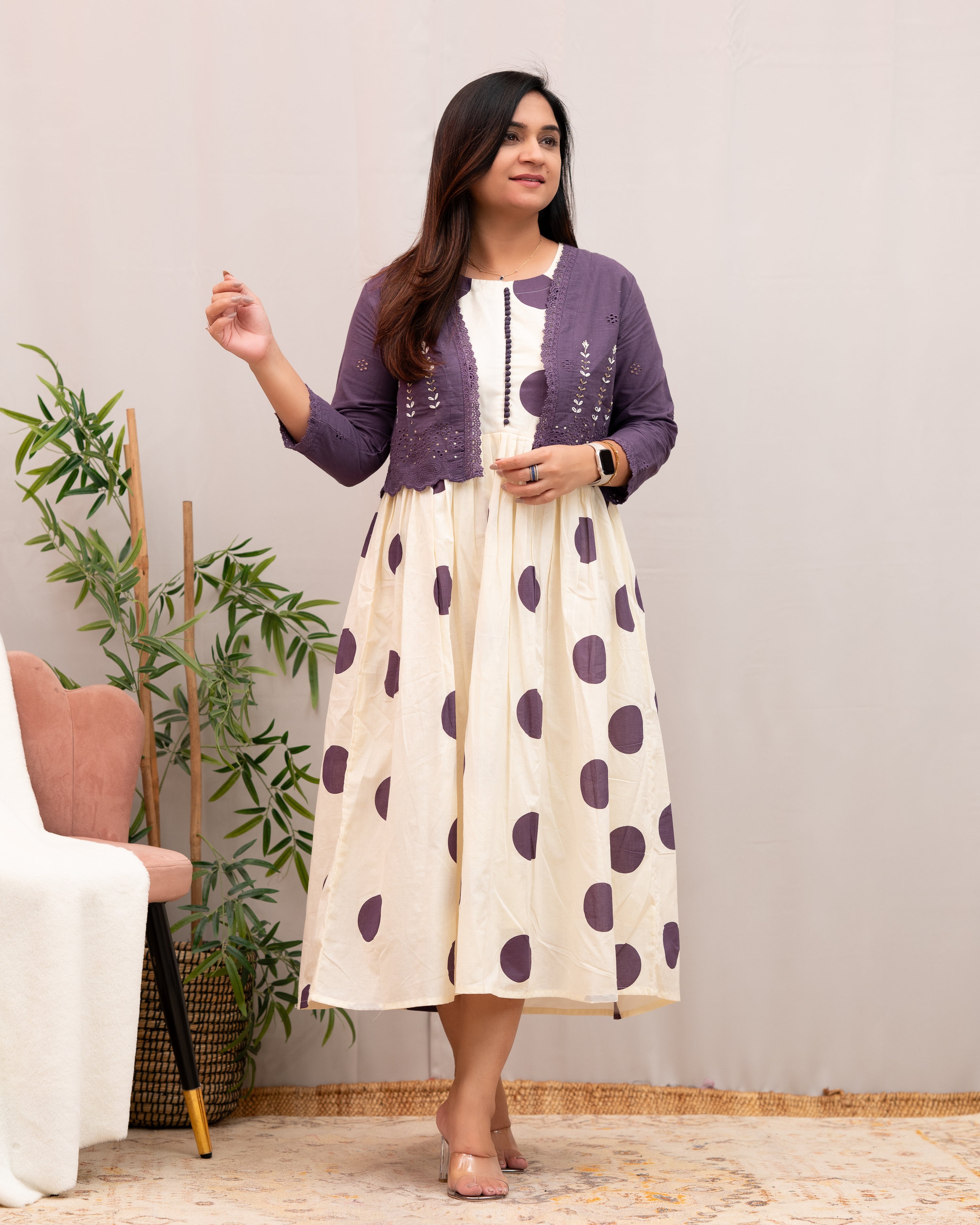 Geneva Polka Mul Cotton Dress with Embroidered Shrug