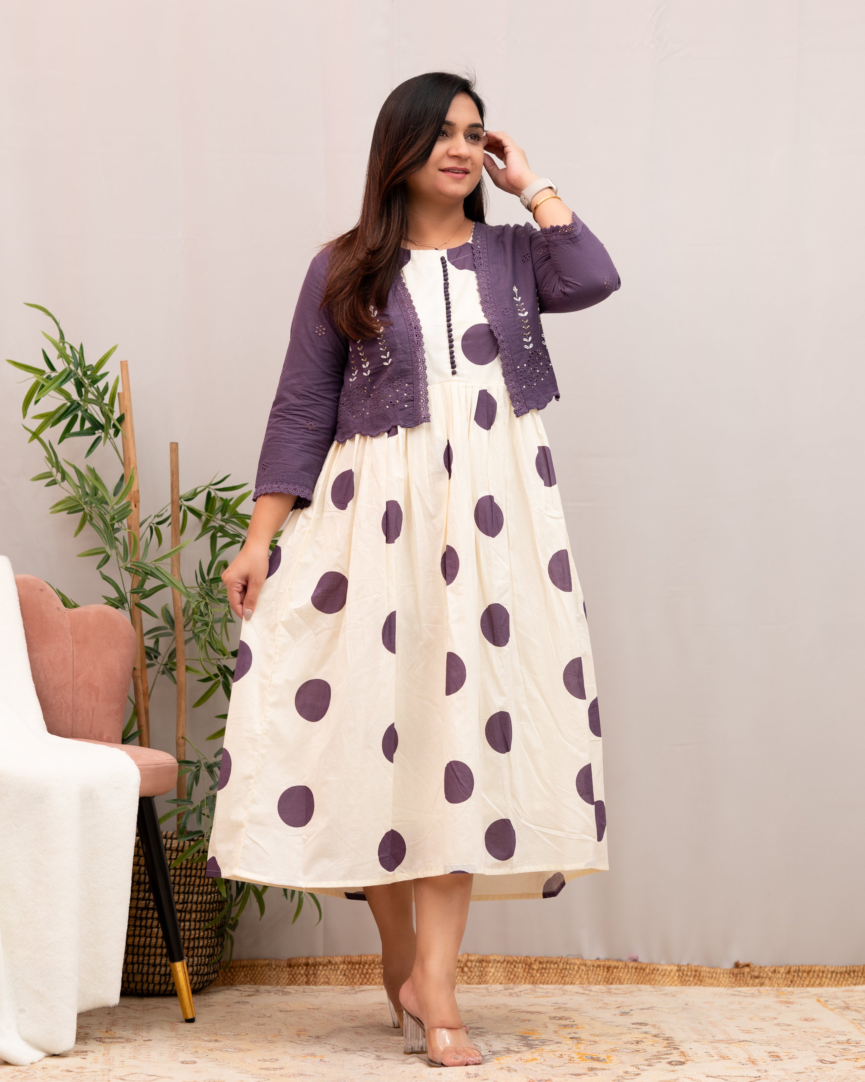 Geneva Polka Mul Cotton Dress with Embroidered Shrug