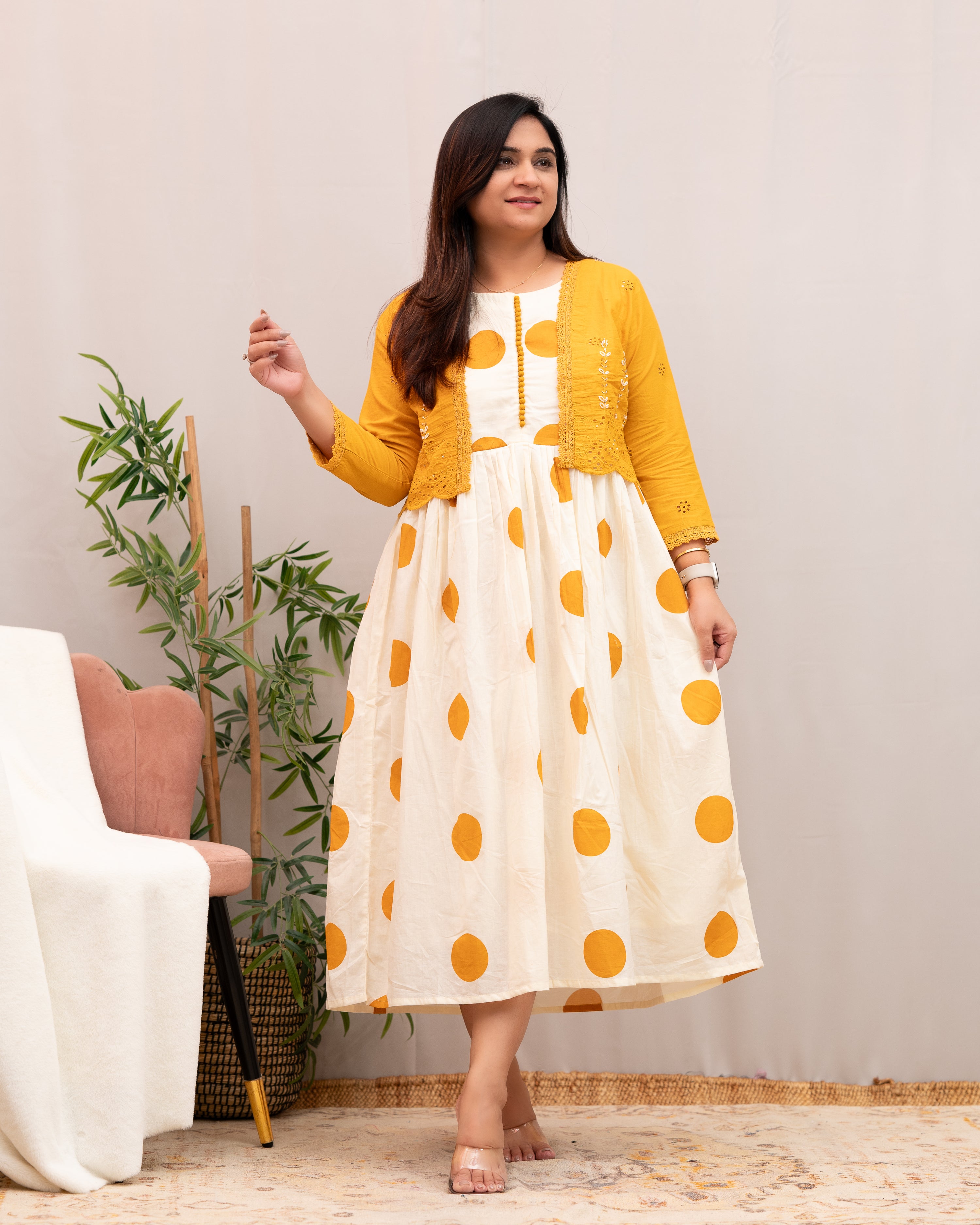 Geneva Polka Mul Cotton Dress with Embroidered Shrug