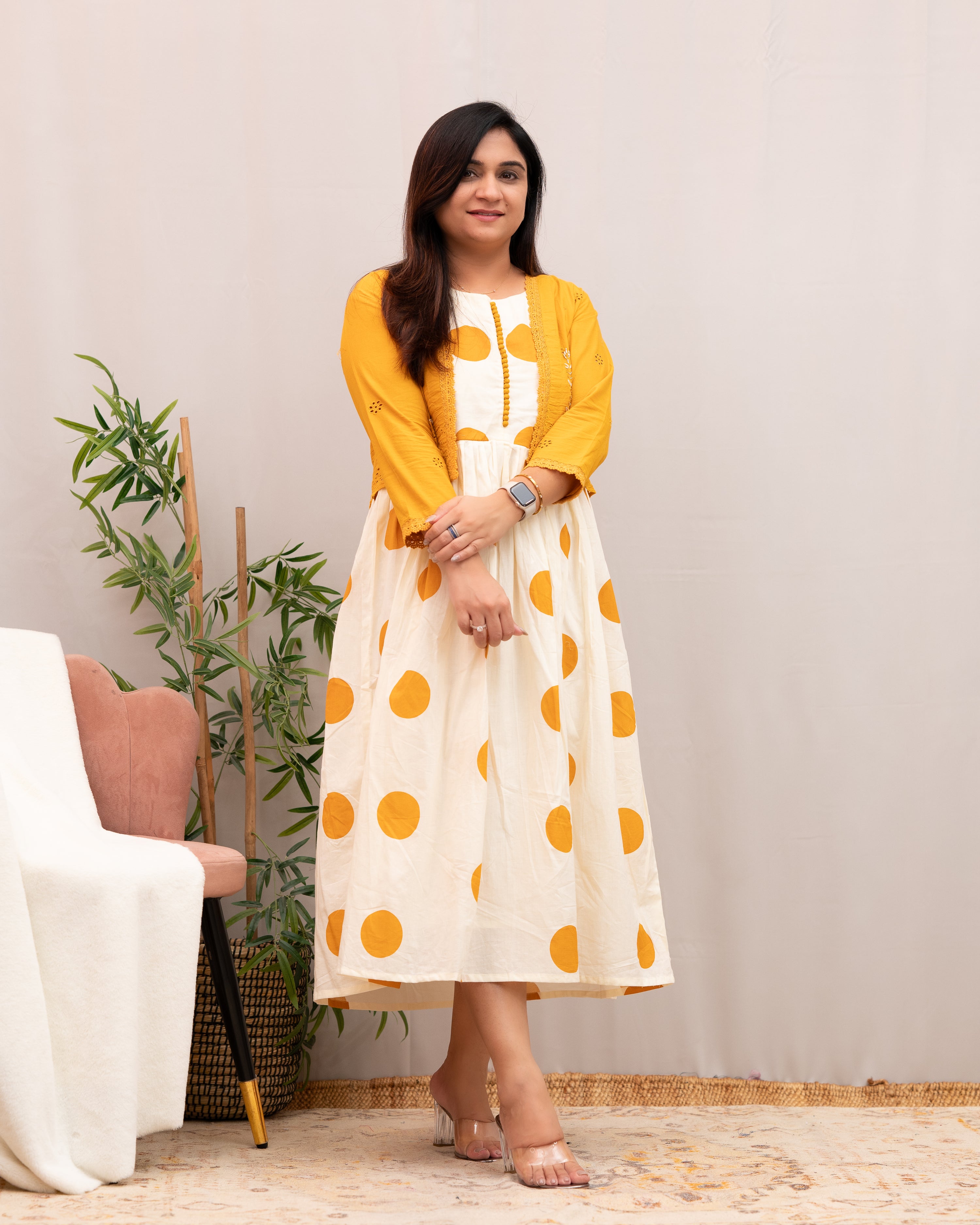 Geneva Polka Mul Cotton Dress with Embroidered Shrug