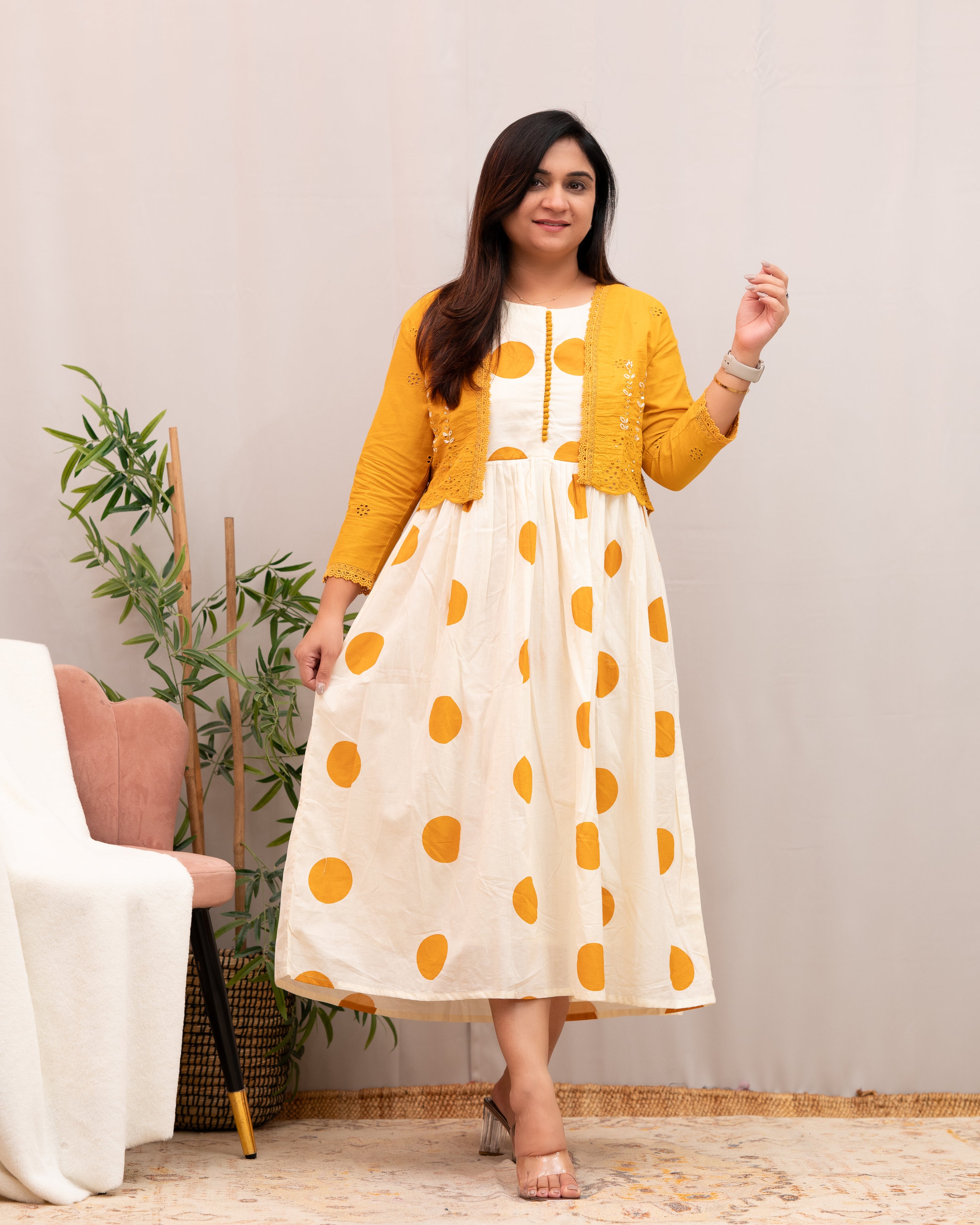 Geneva Polka Mul Cotton Dress with Embroidered Shrug