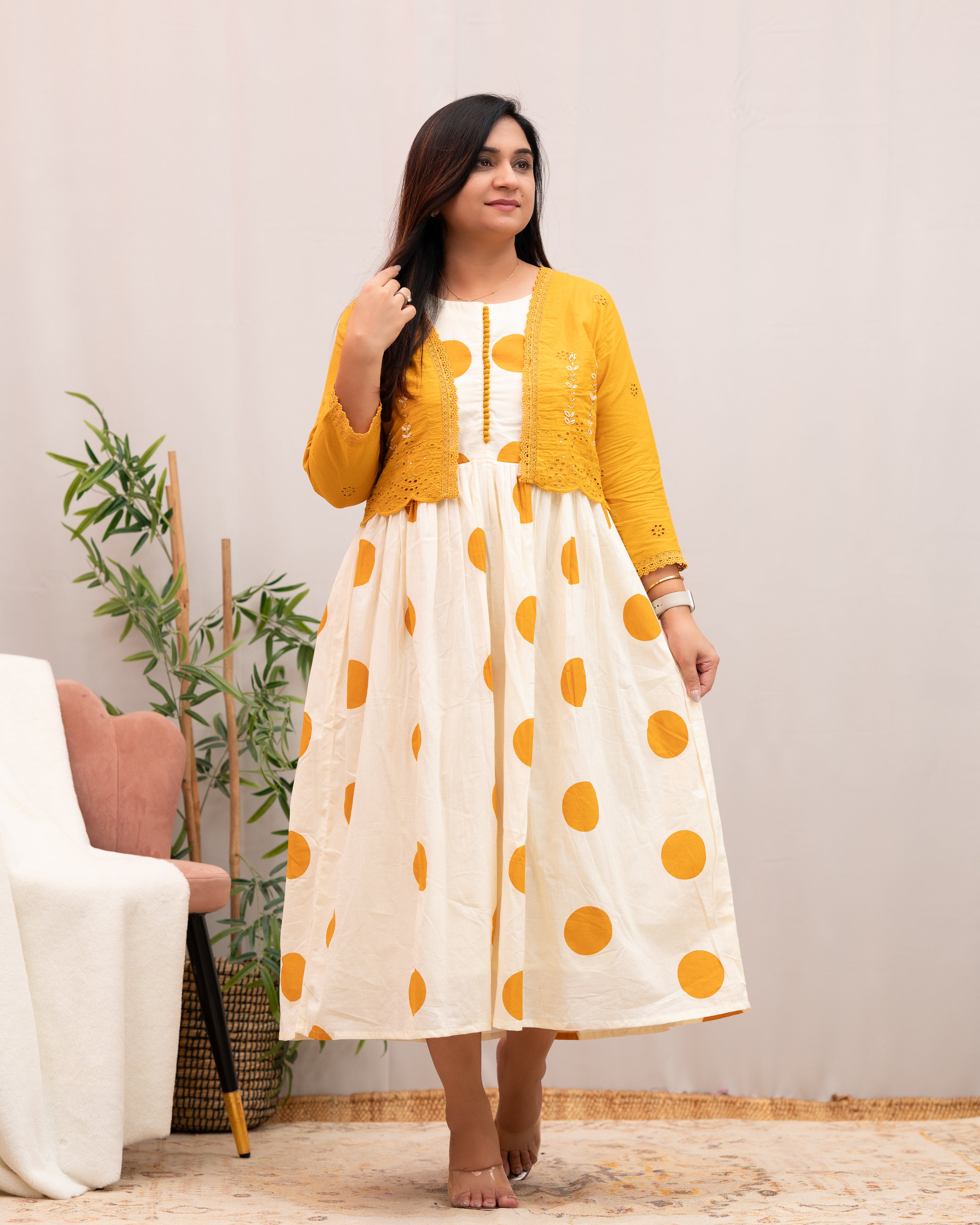 Geneva Polka Mul Cotton Dress with Embroidered Shrug