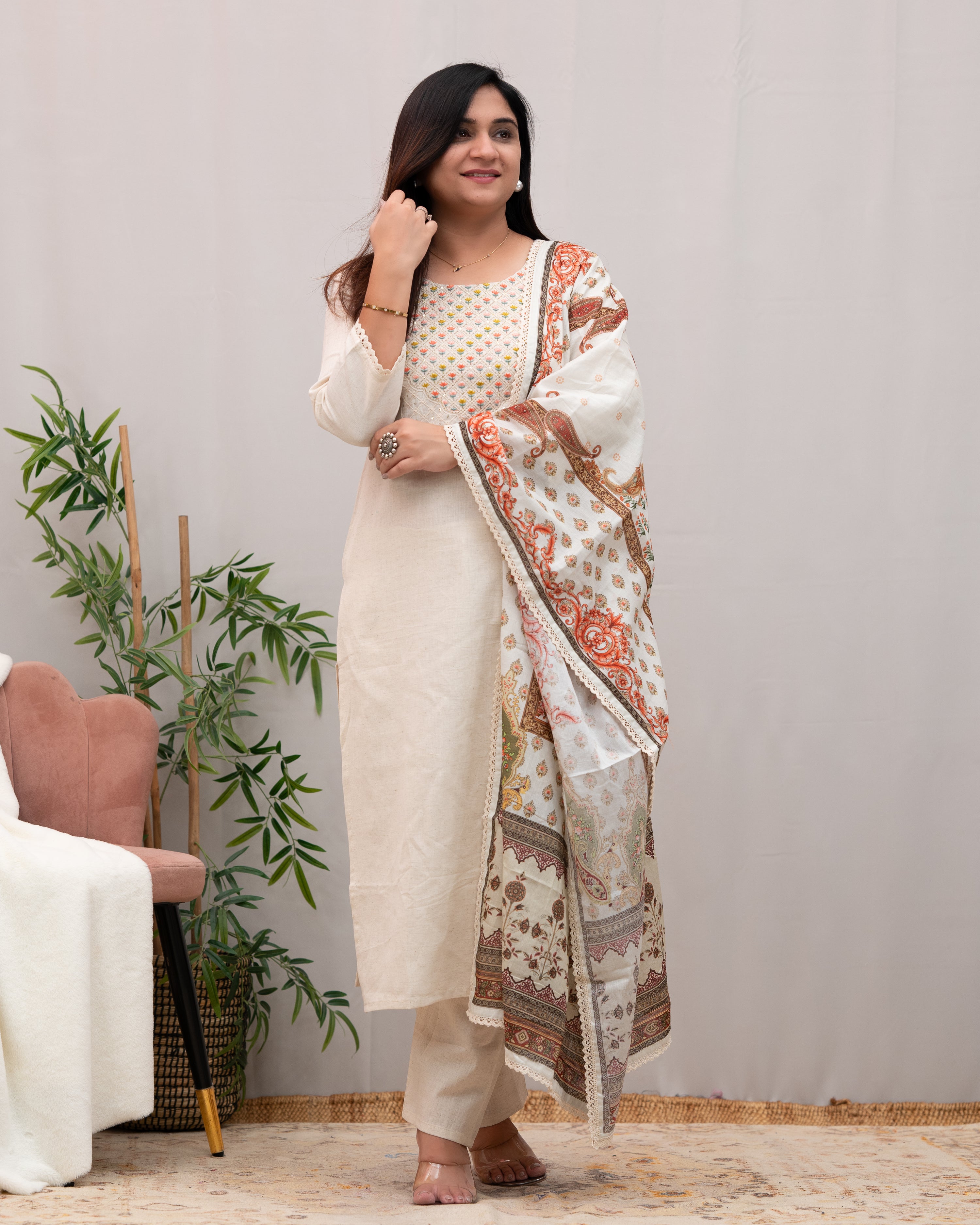 Veronica Cotton Embroidered Pant Set with Mugal Print Dupatta