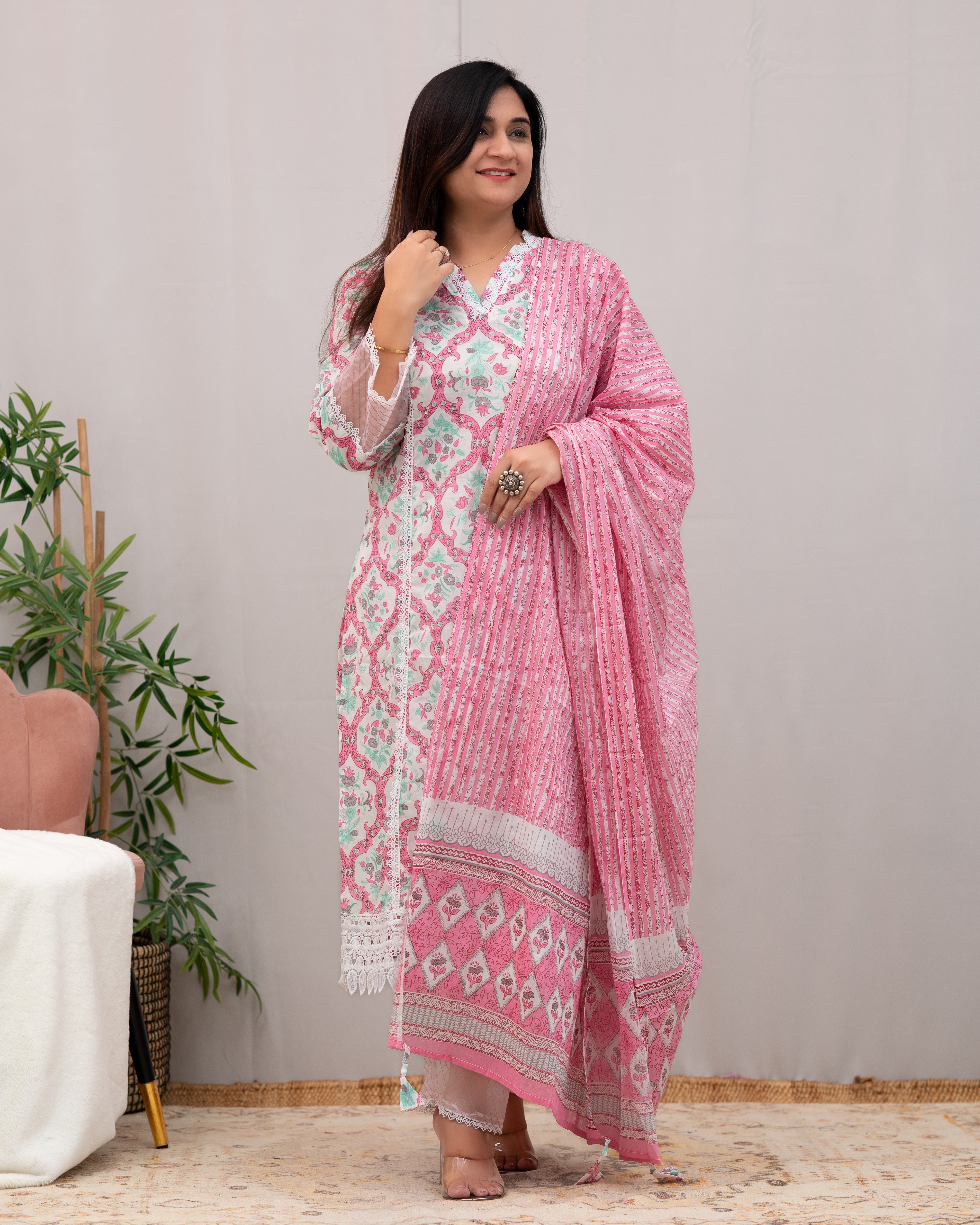 Shabana Cotton Pakistani Suit with Lace Detailing - The Jaipur Studio