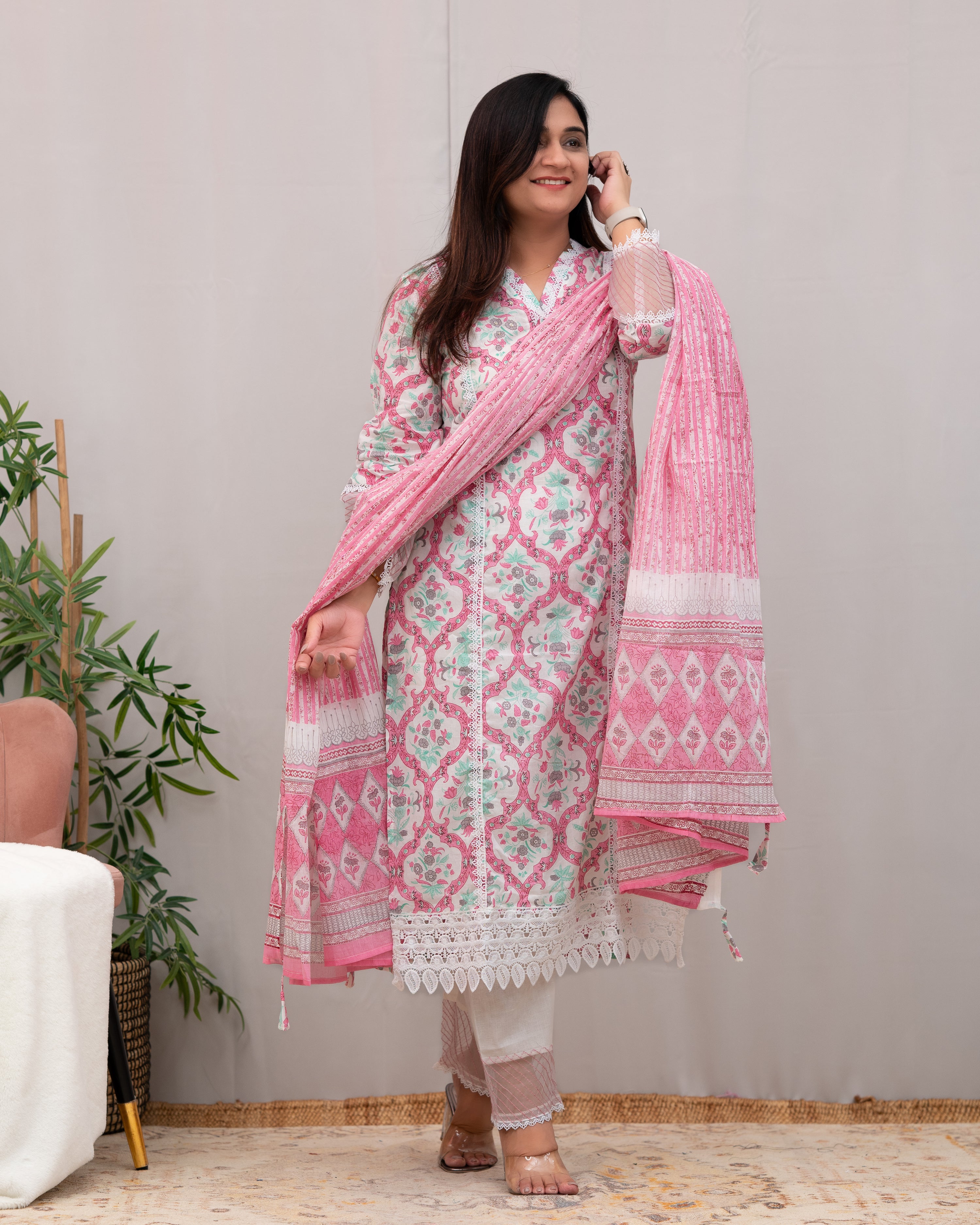 Shabana Cotton Pakistani Suit with Lace Detailing - The Jaipur Studio