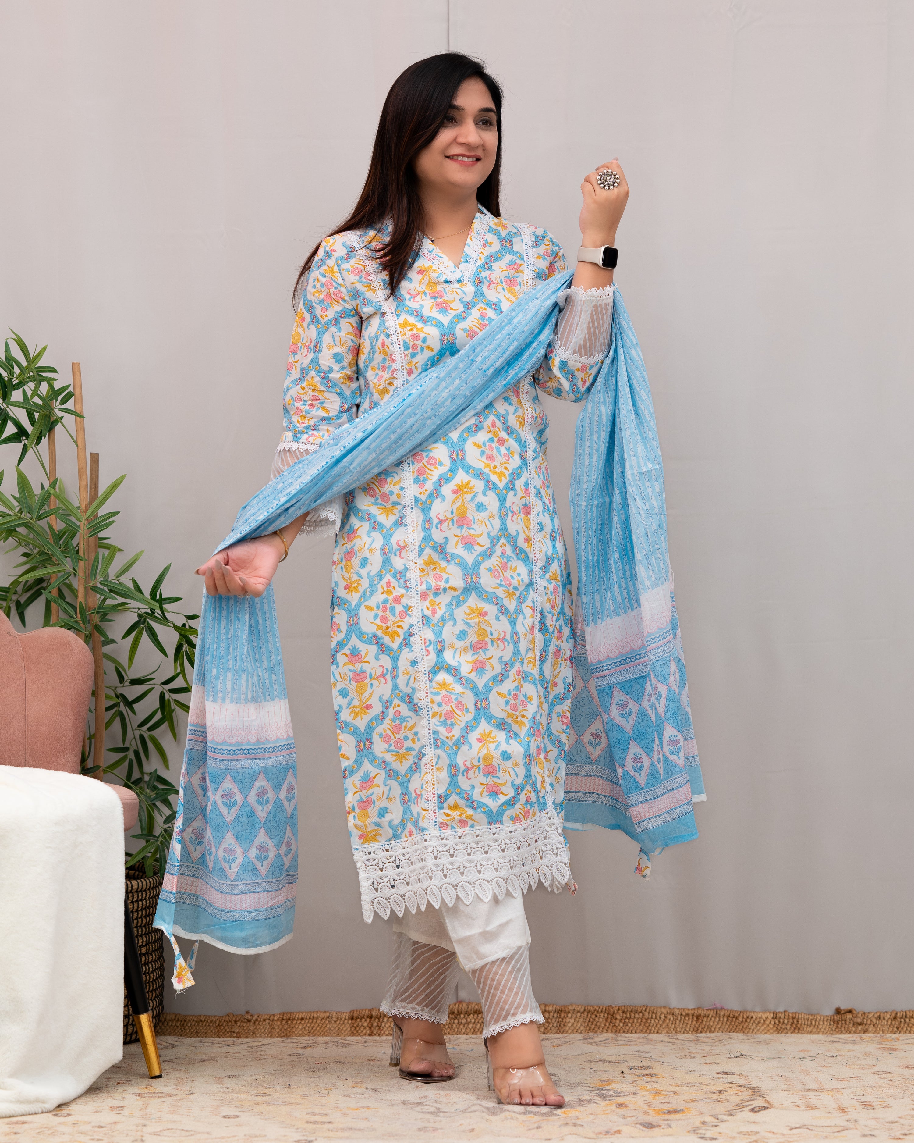 Shabana Cotton Pakistani Suit with Lace Detailing - The Jaipur Studio