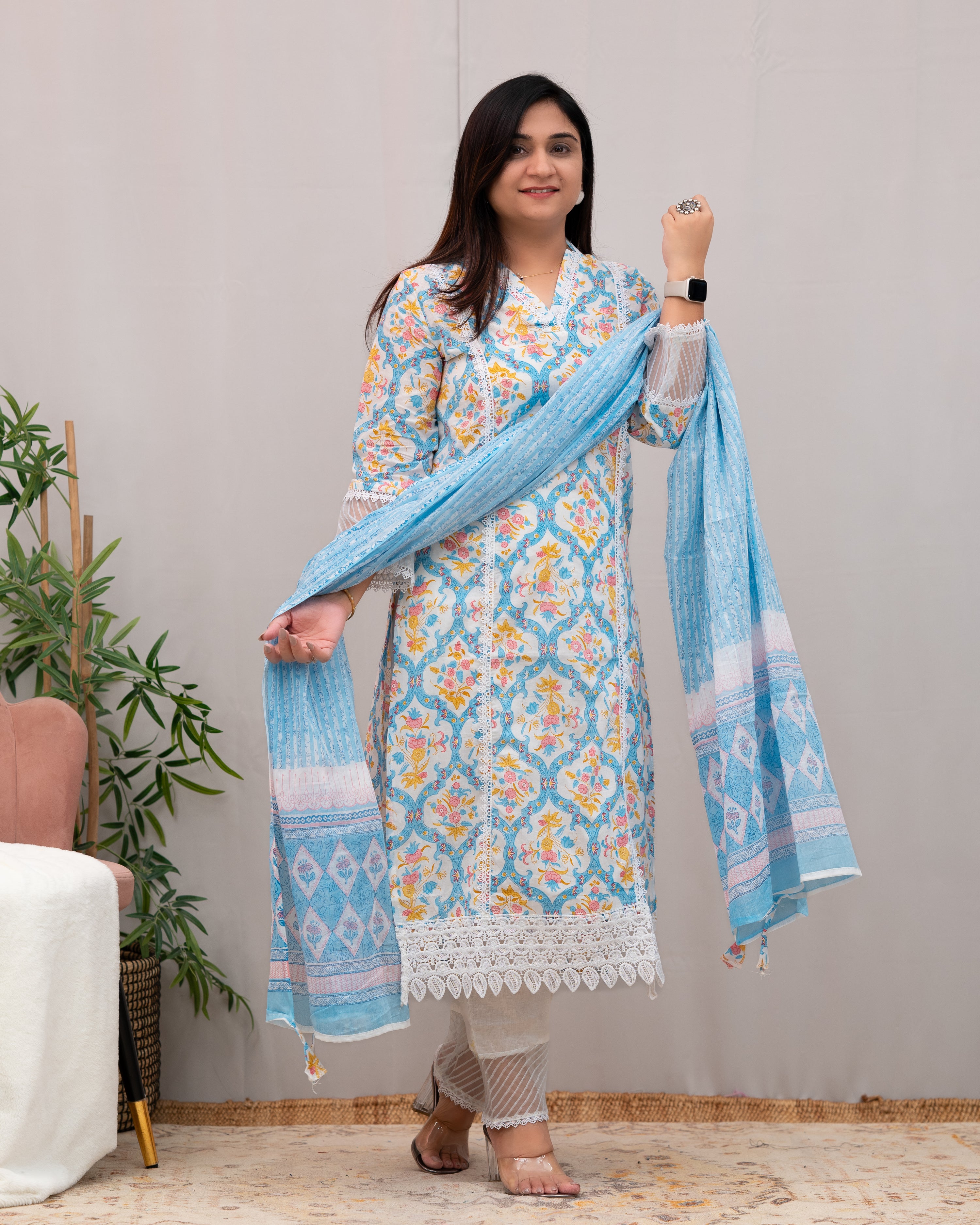 Shabana Cotton Pakistani Suit with Lace Detailing - The Jaipur Studio