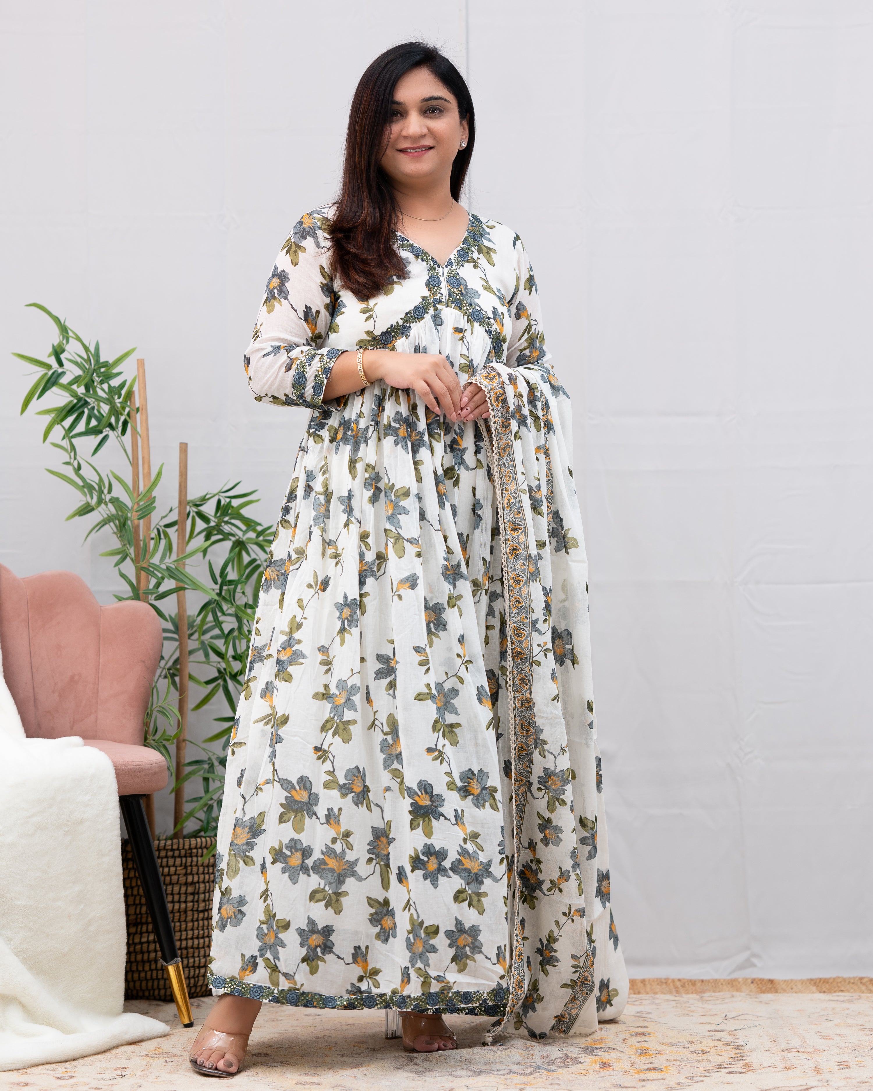 Jahnvi Mul Cotton Embroidered Alia Cut Anarkali Set