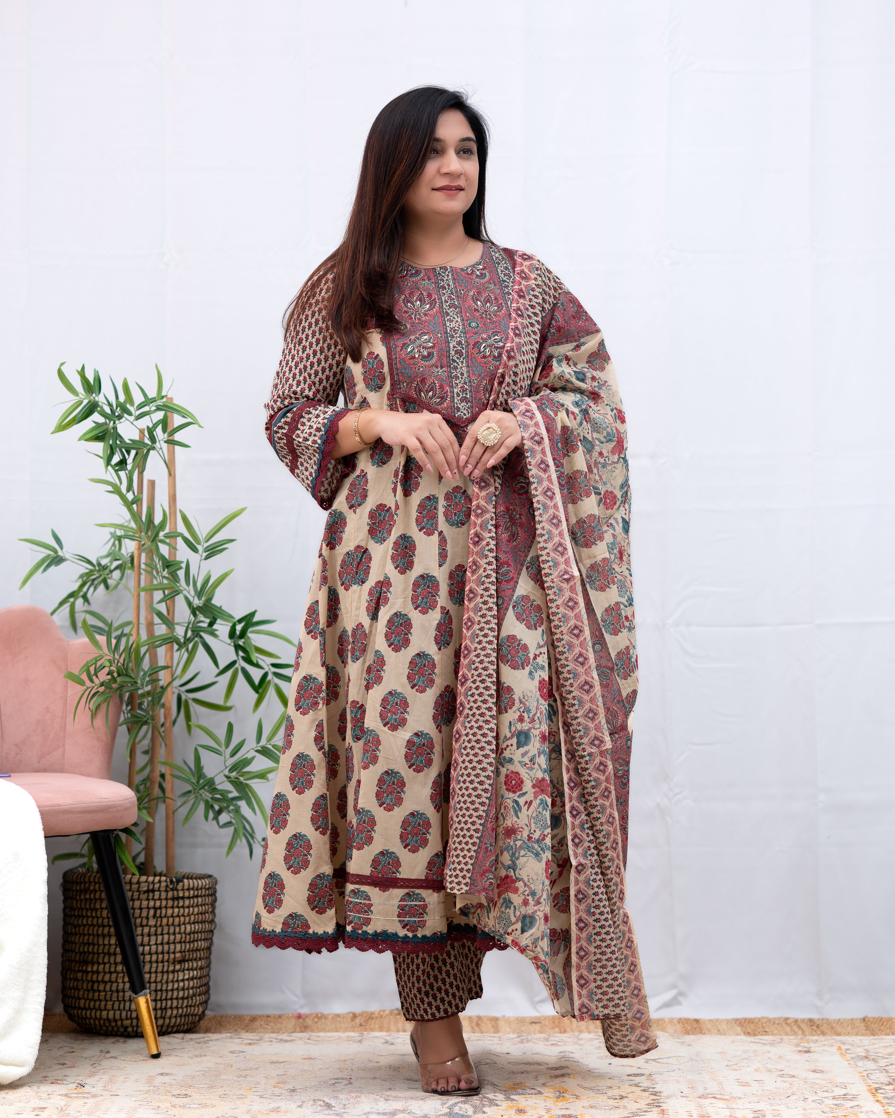 Soumya Cotton Handblock Zari Embroidered Anarkali Pant Set