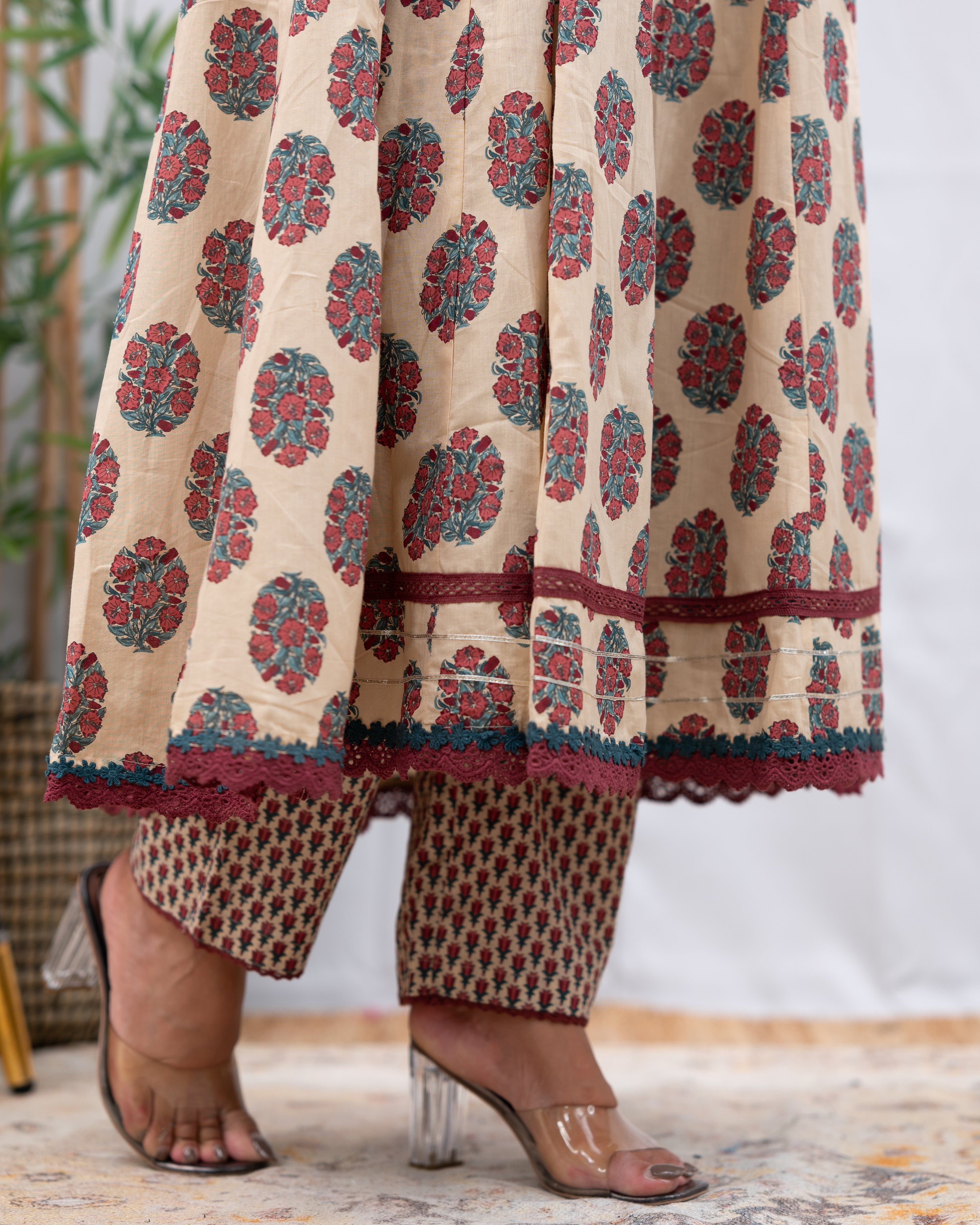 Soumya Cotton Handblock Zari Embroidered Anarkali Pant Set