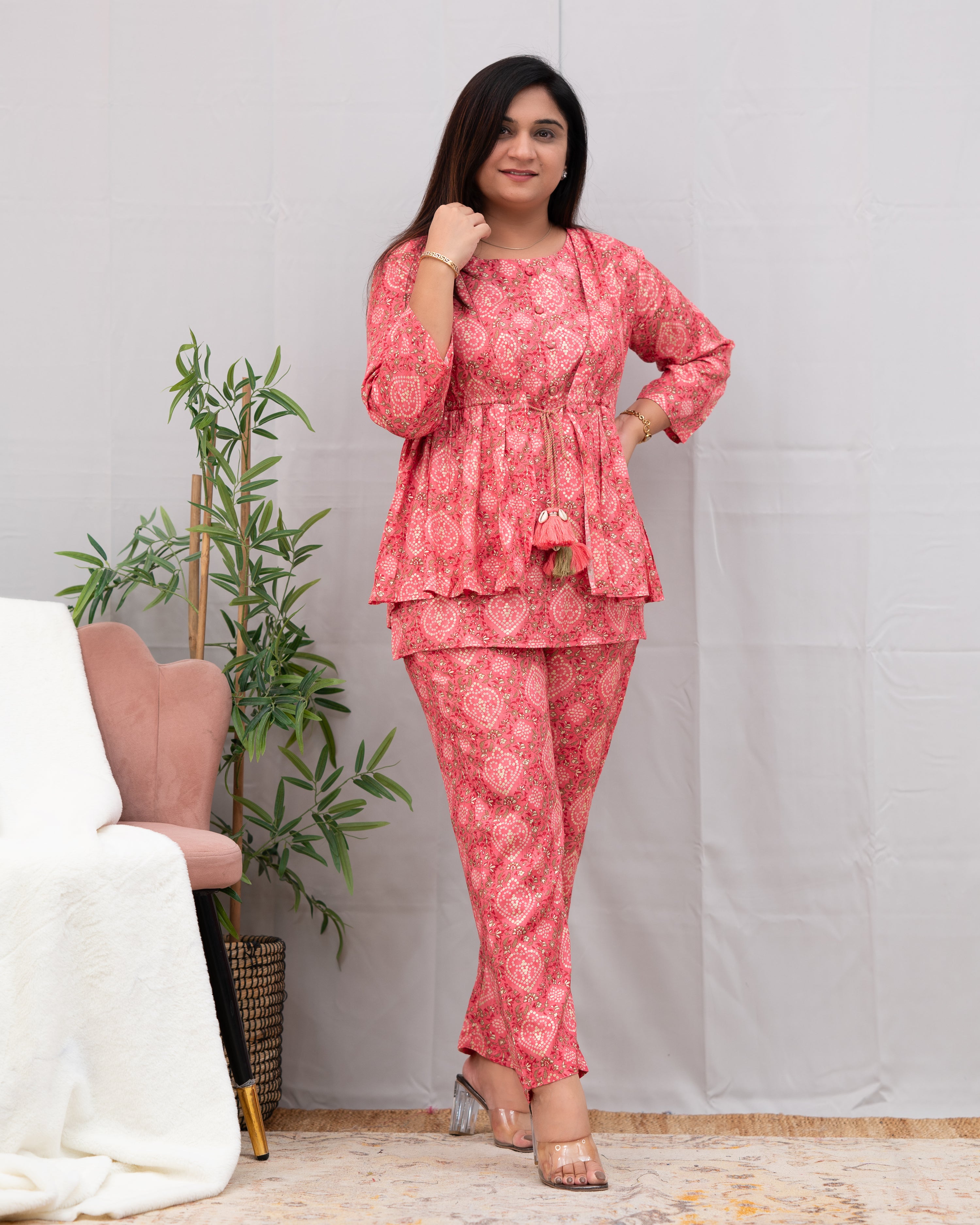 Ella Muslin Coord Set with Detachable Jacket Peach