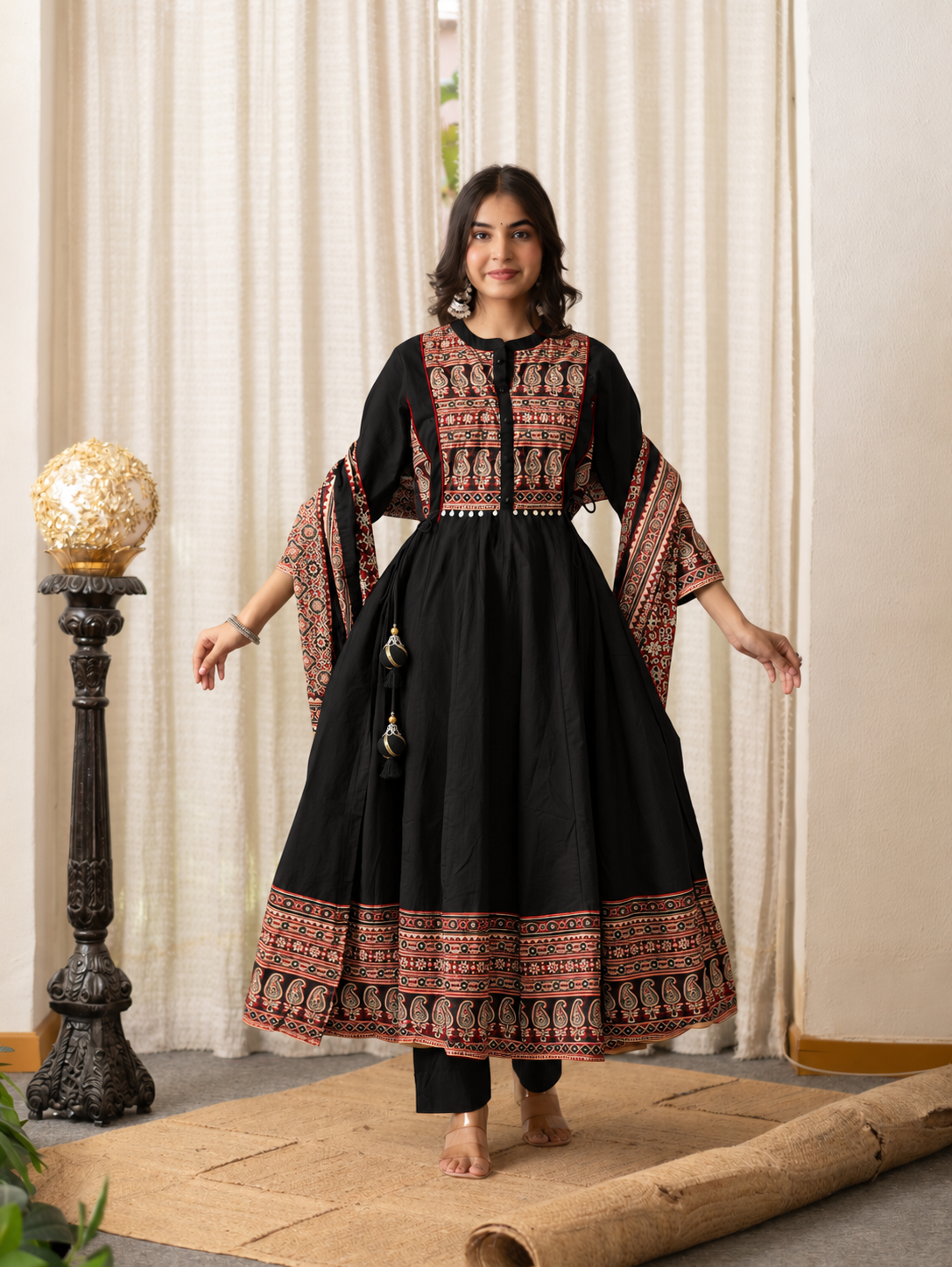 Savina Black Cotton HanEmbroidered Anarkali Dupatta Set