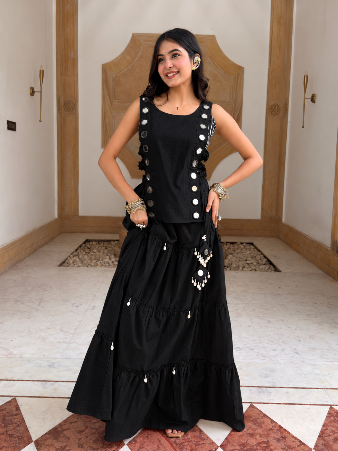Niyati Deep Black Cotton Festive Hand Detailed Skirt Set