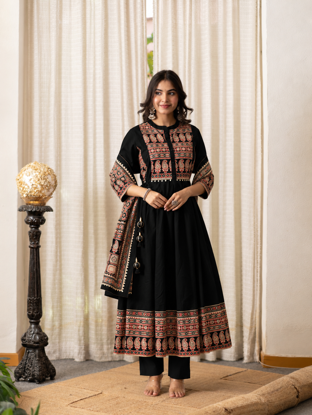 Savina Black Cotton HanEmbroidered Anarkali Dupatta Set