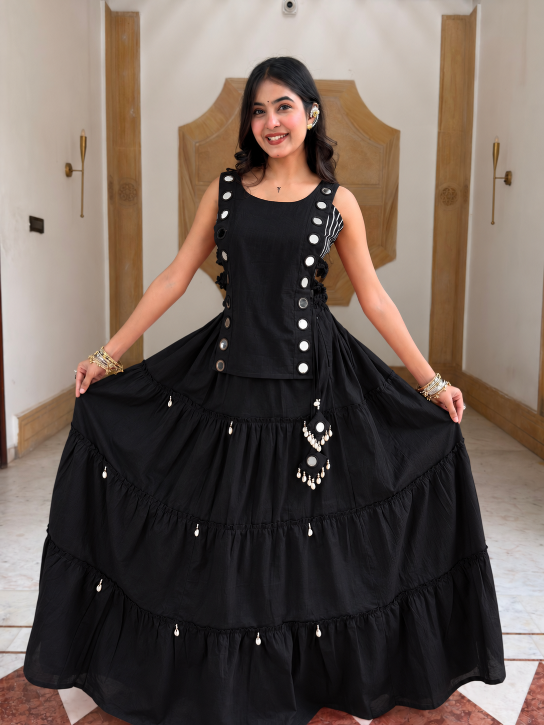 Niyati Deep Black Cotton Festive Hand Detailed Skirt Set