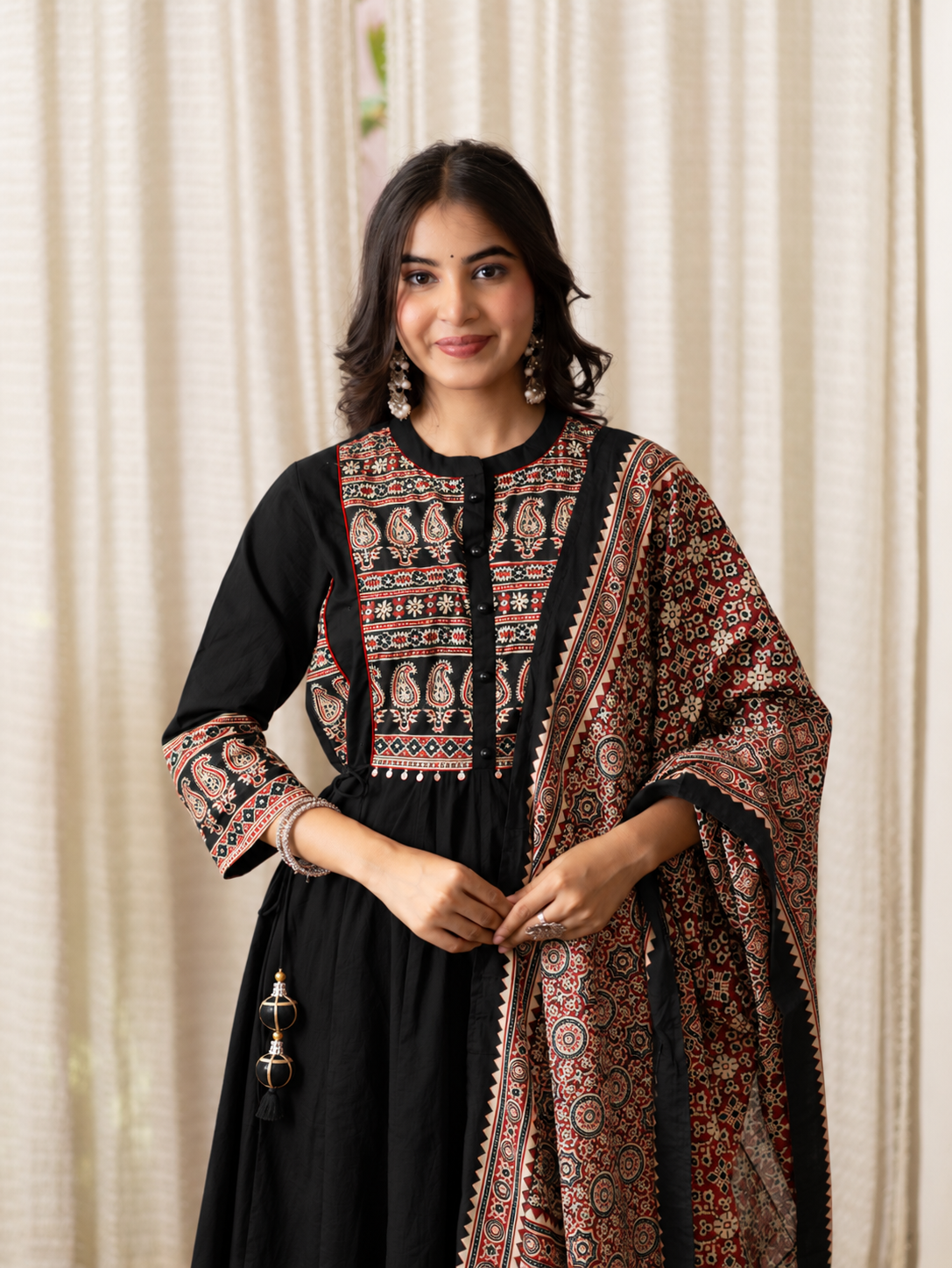 Savina Black Cotton HanEmbroidered Anarkali Dupatta Set