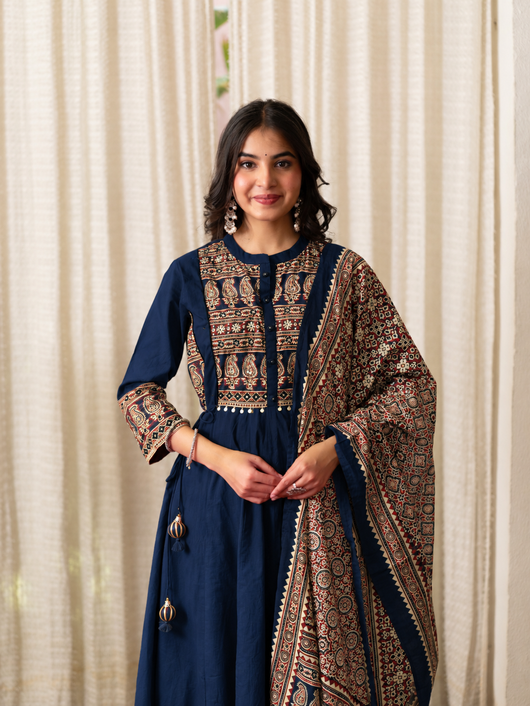 Savina Blue Cotton HanEmbroidered Anarkali Dupatta Set