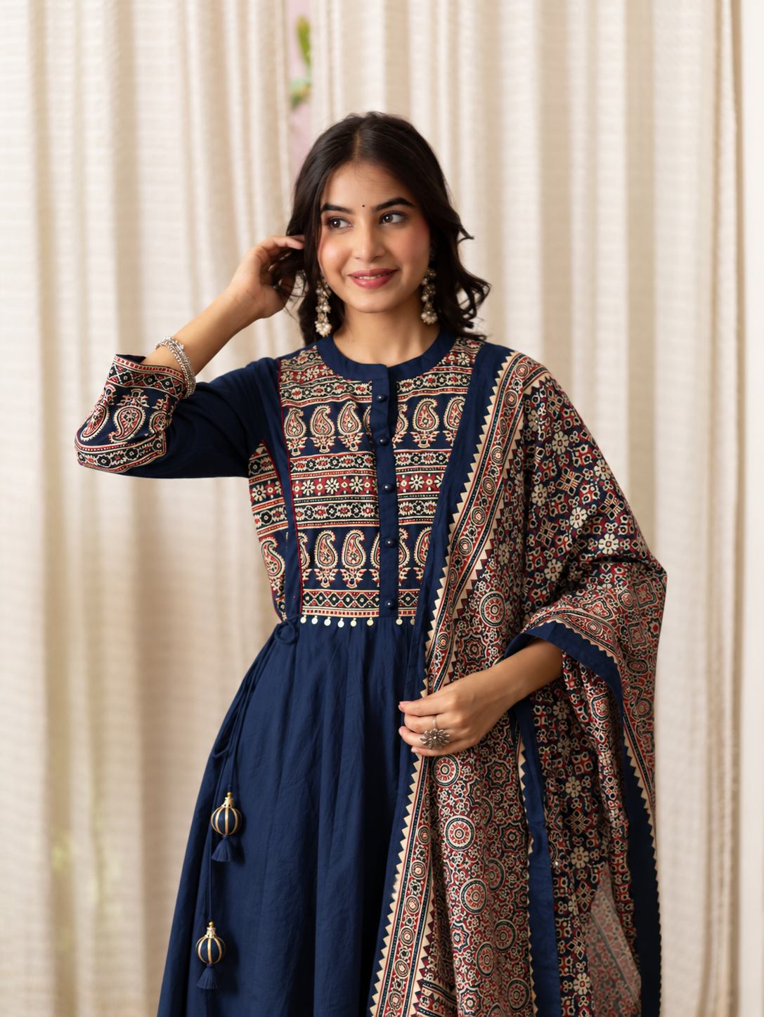Savina Blue Cotton HanEmbroidered Anarkali Dupatta Set