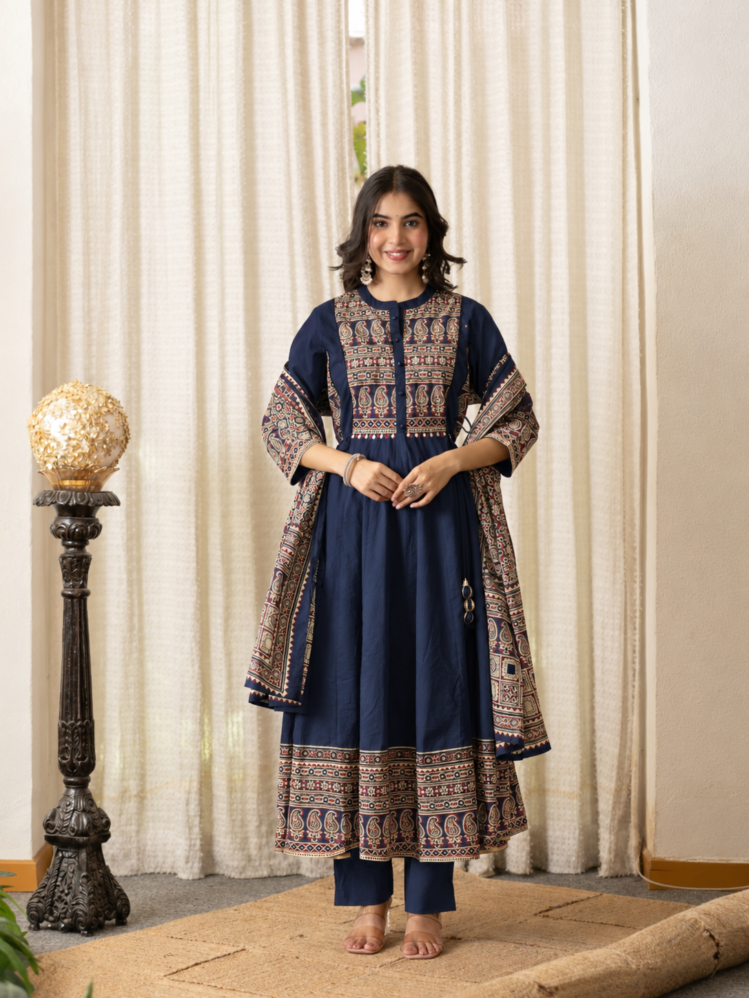 Savina Blue Cotton HanEmbroidered Anarkali Dupatta Set