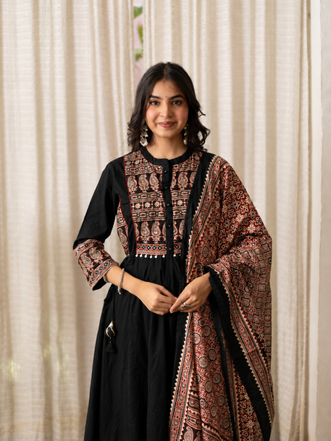 Savina Black Cotton HanEmbroidered Anarkali Dupatta Set