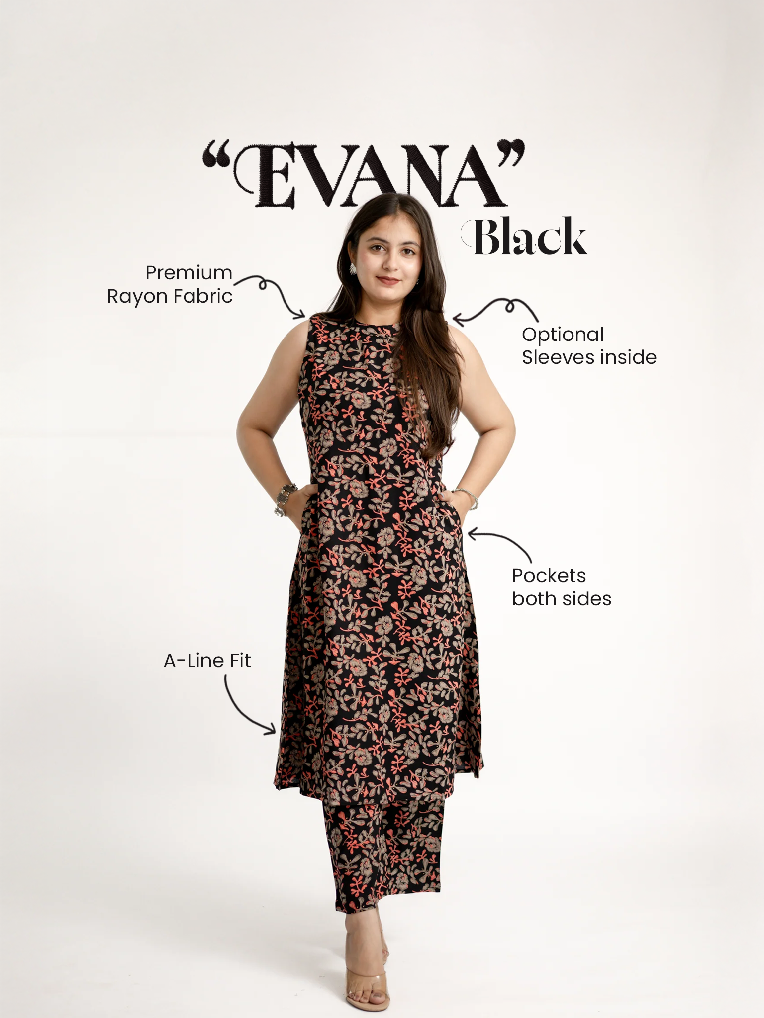 Evana Black Multicolor Floral Rayon A-line Coord Set