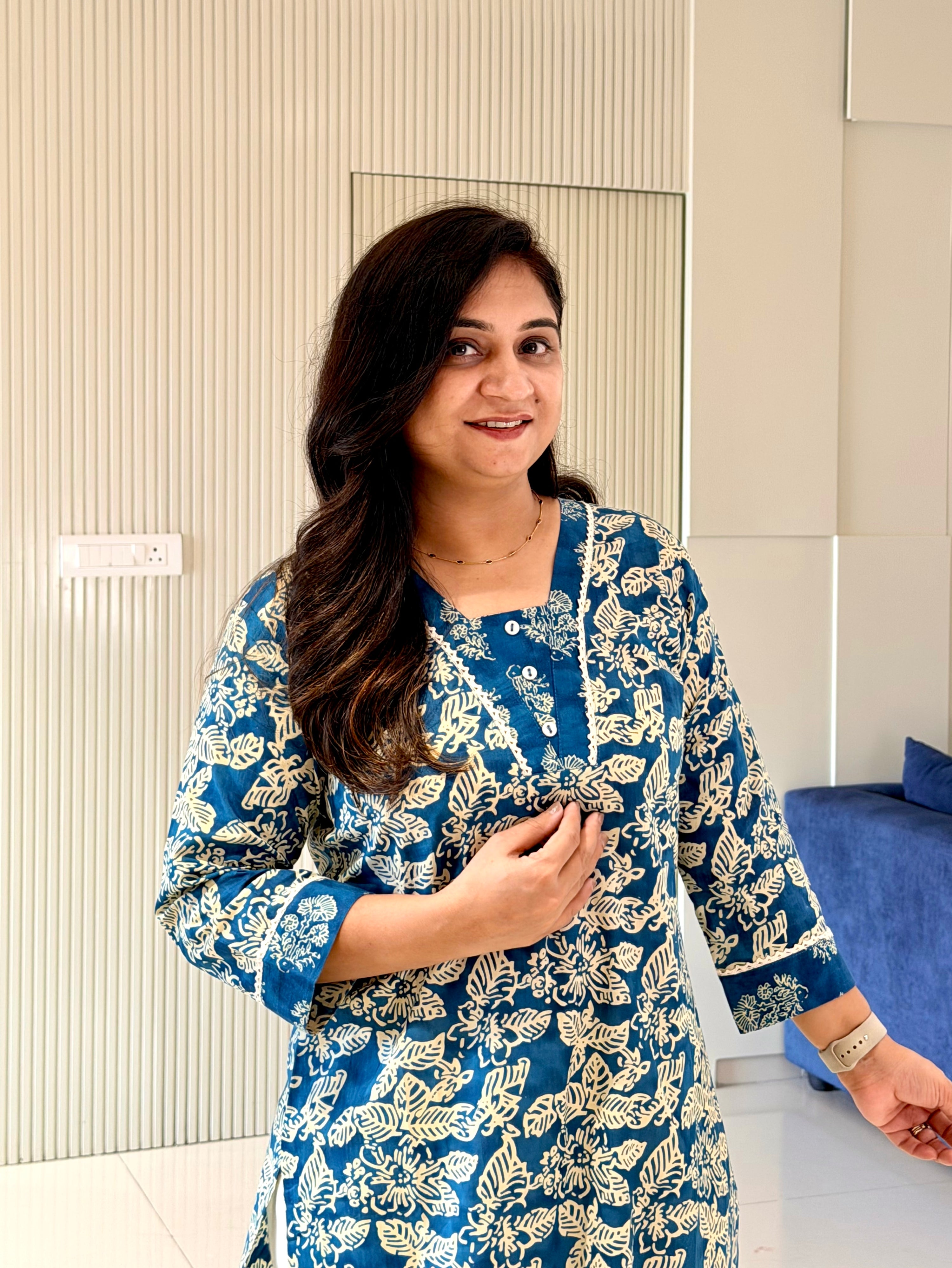 Fariha Cobalt Blue Cotton Floral Casual Straight Kurta
