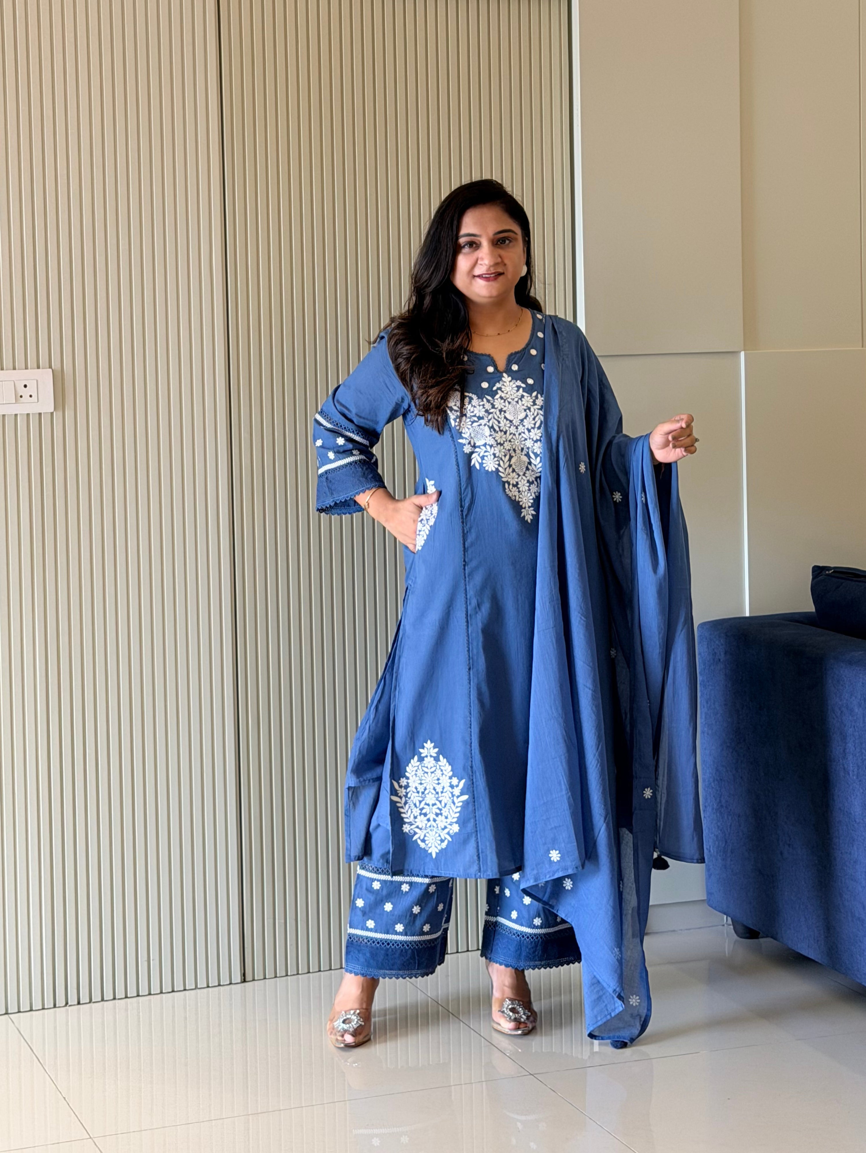 Naila Blue Premium Mul Cotton Embroidered Dupatta Set