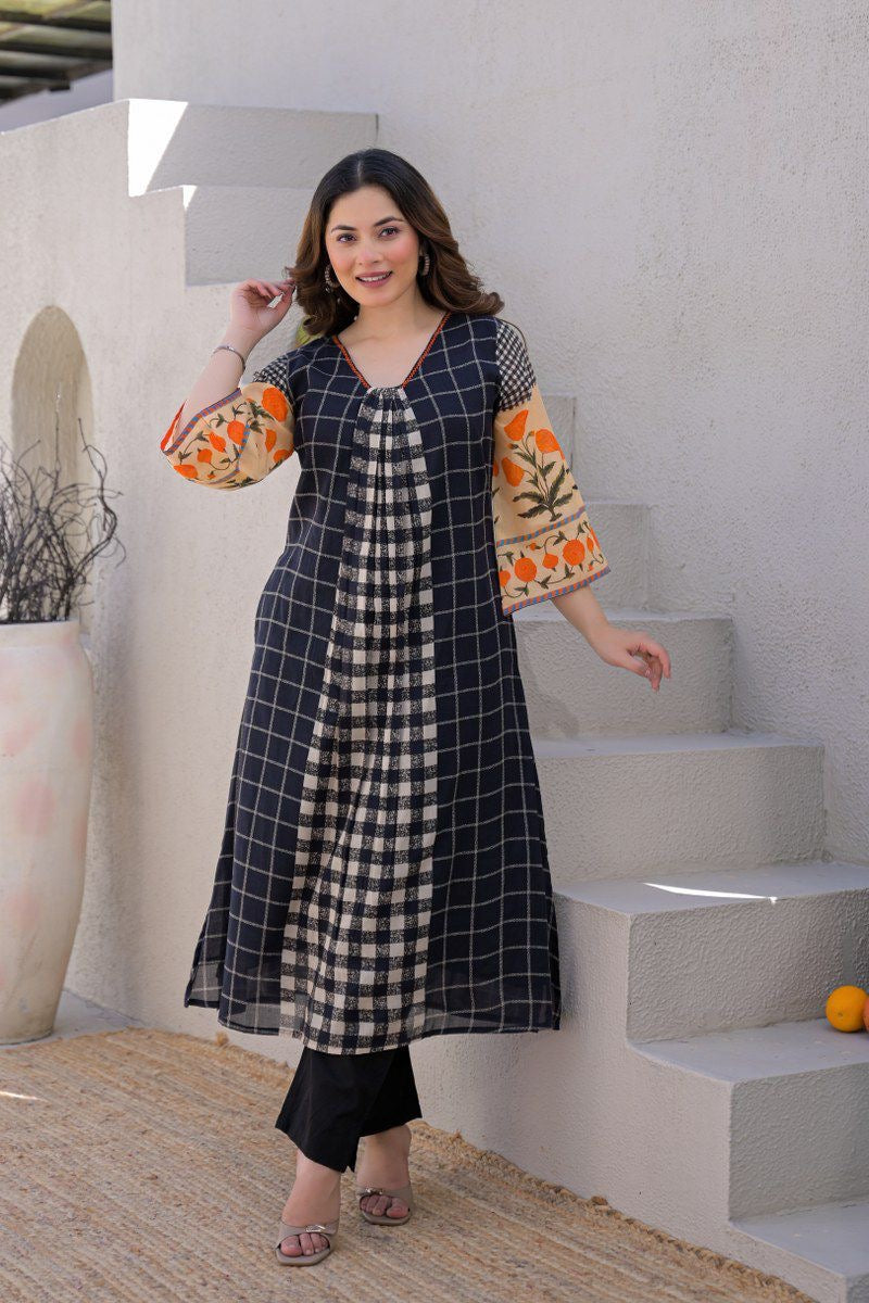 Ridah Black Mul Cotton Embroidered A-line Kurta Set