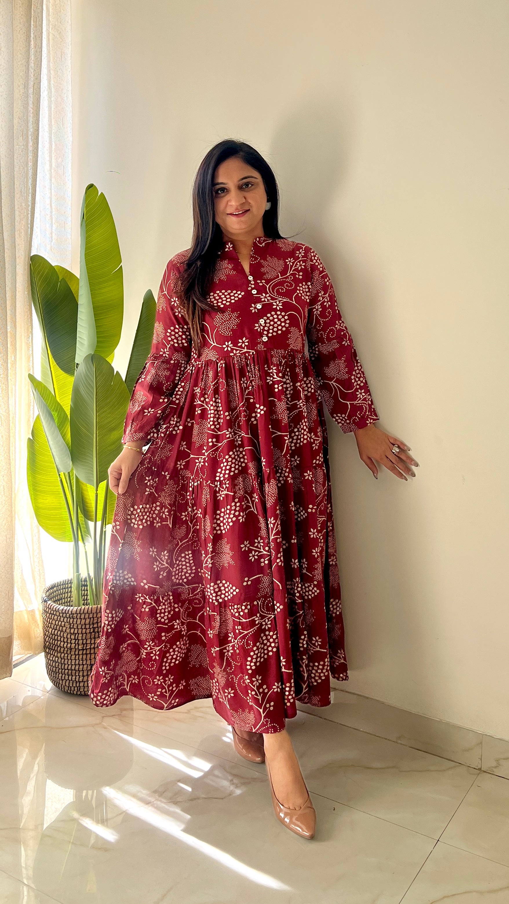 Sarfa Maroon Crystal Muslin Casual Long Dress