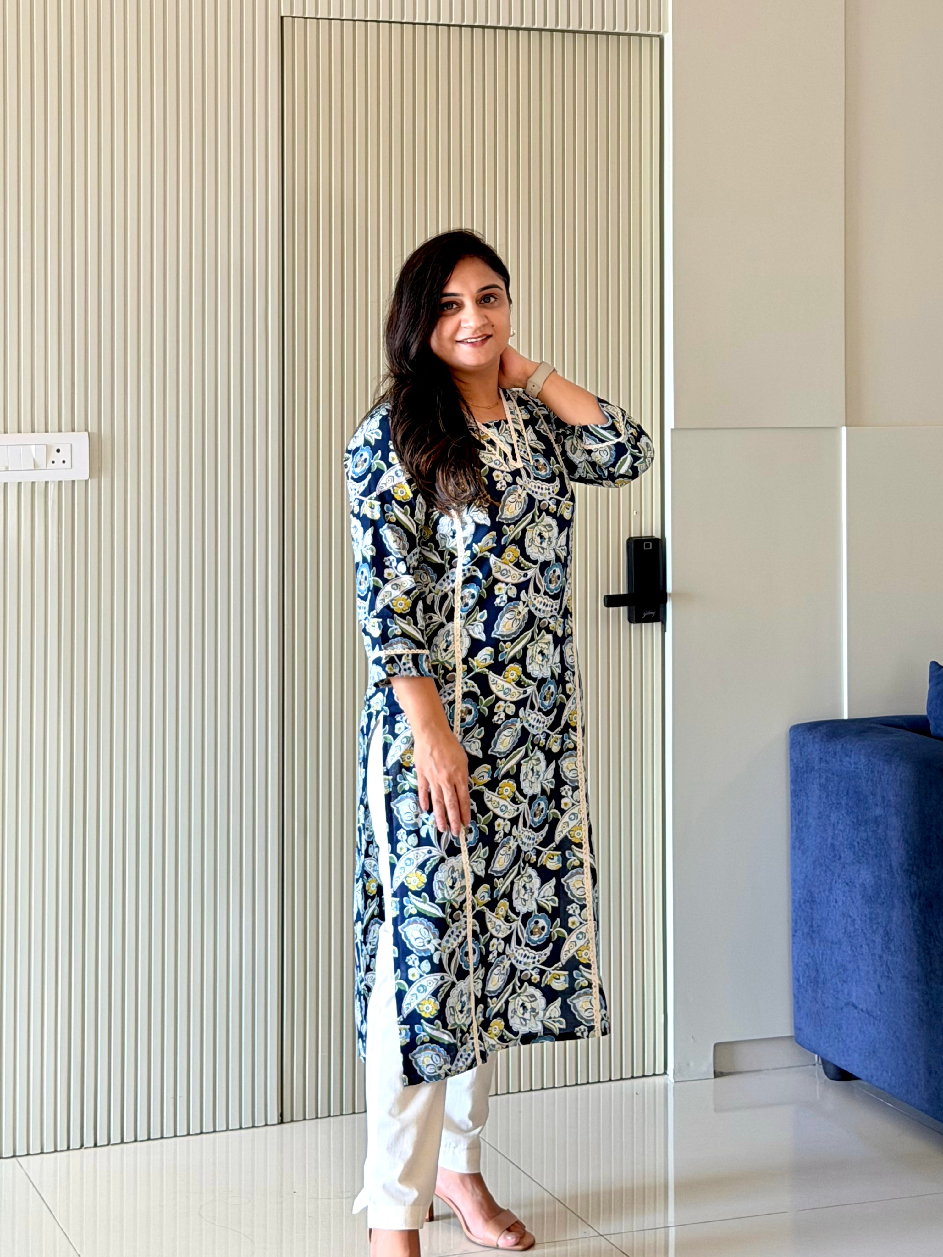 Fariha Navy Blue Cotton Floral Casual Straight Kurta