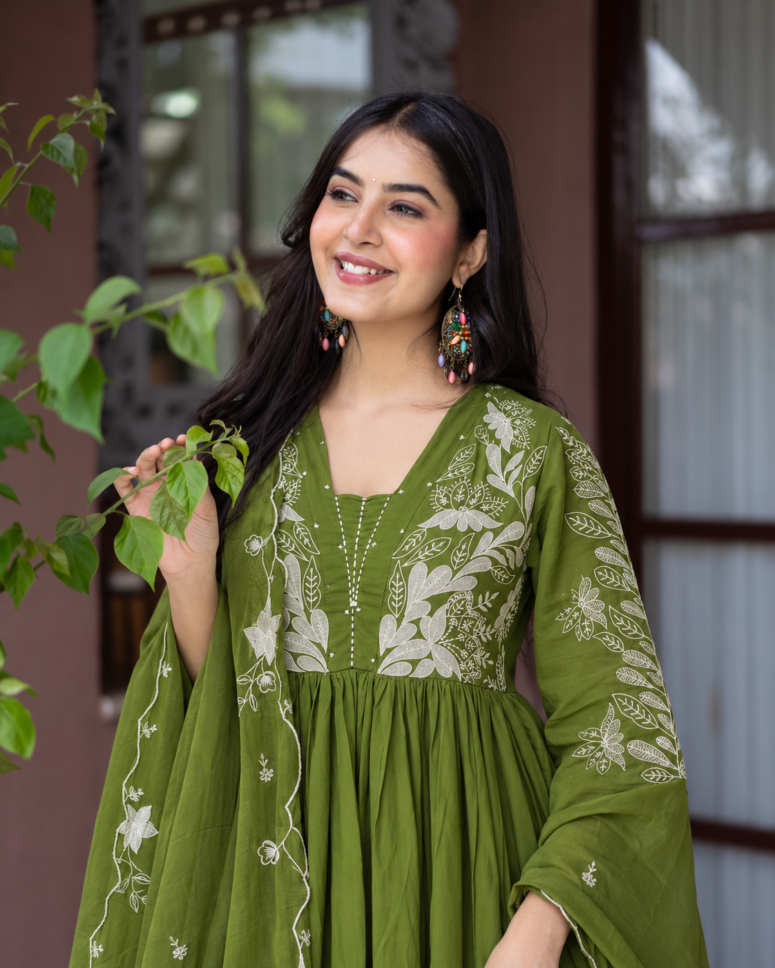 Ruksaar Green Mul Cotton Embroidered A-line Dupatta Set