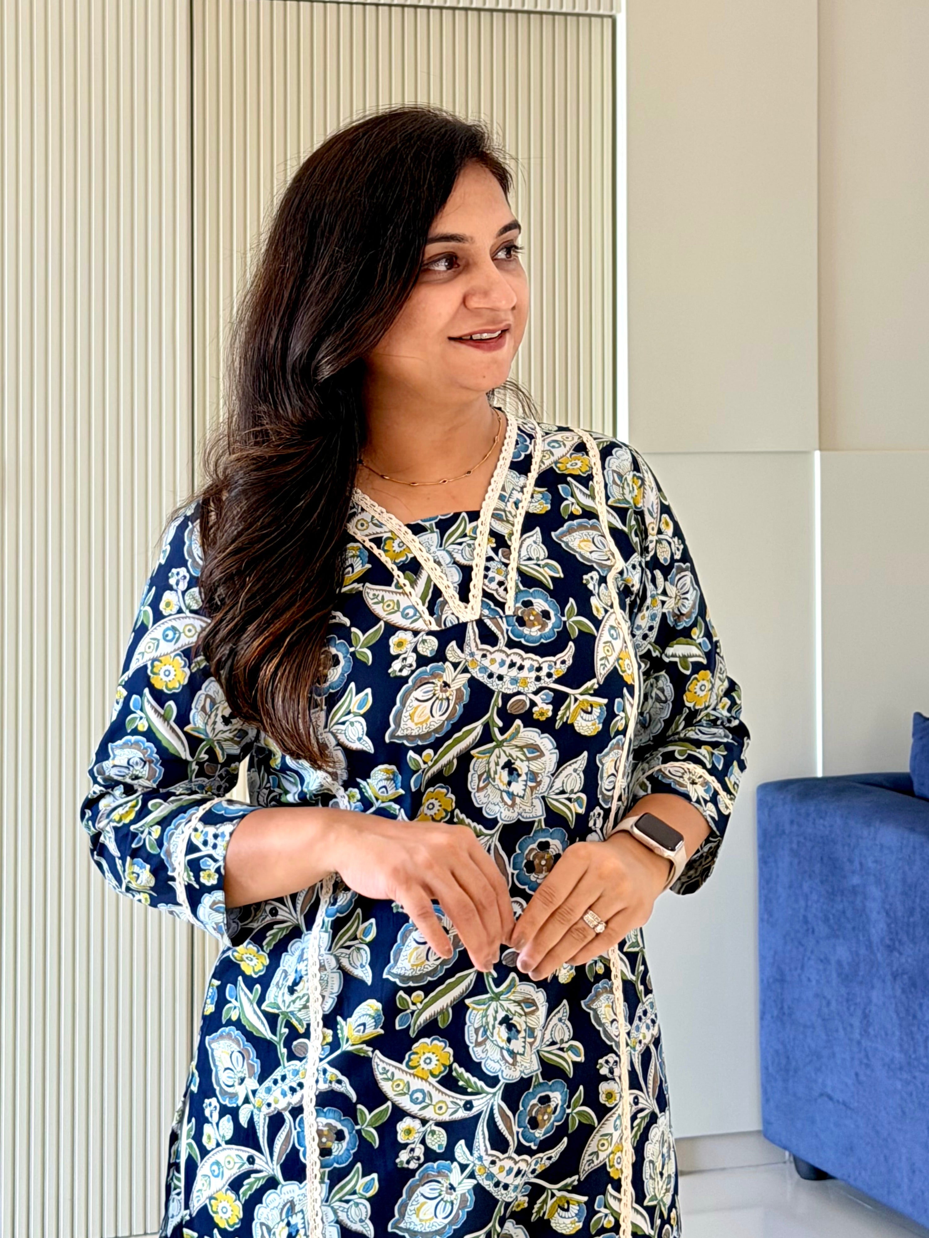 Fariha Navy Blue Cotton Floral Casual Straight Kurta