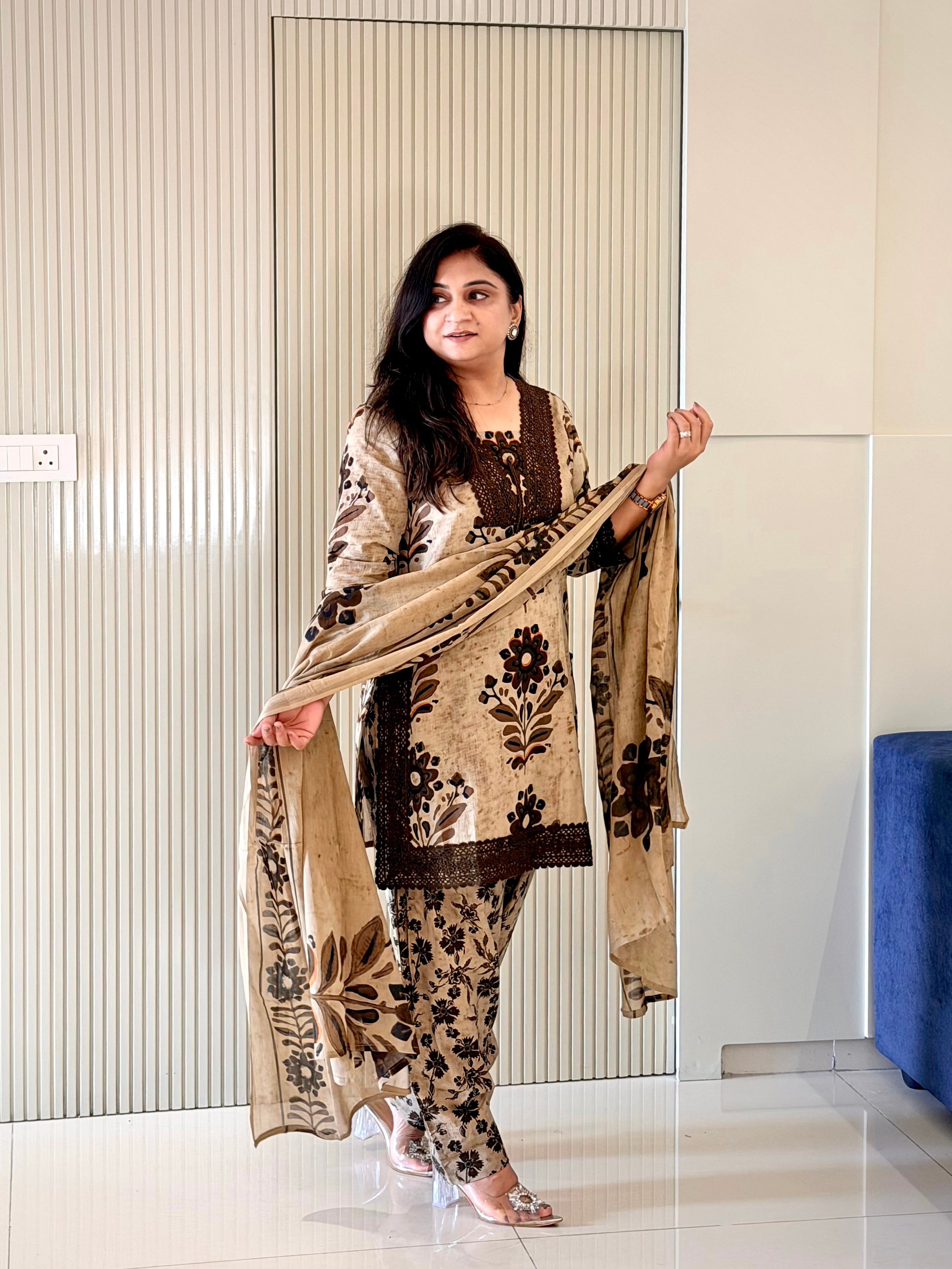 Varusha Brown Cotton Floral Farshi Dupatta Set