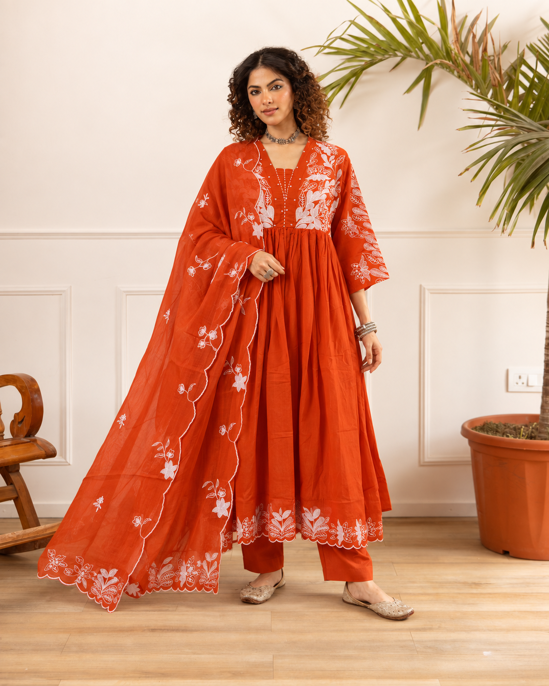 Ruksaar Rust Mul Cotton Embroidered A-line Dupatta Set