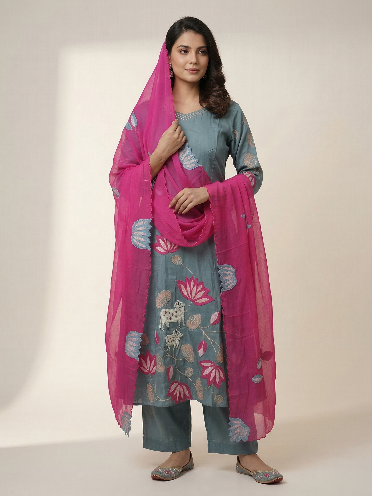 Kiara Grey Russian Silk A-line Applique Deatiled Dupatta Set