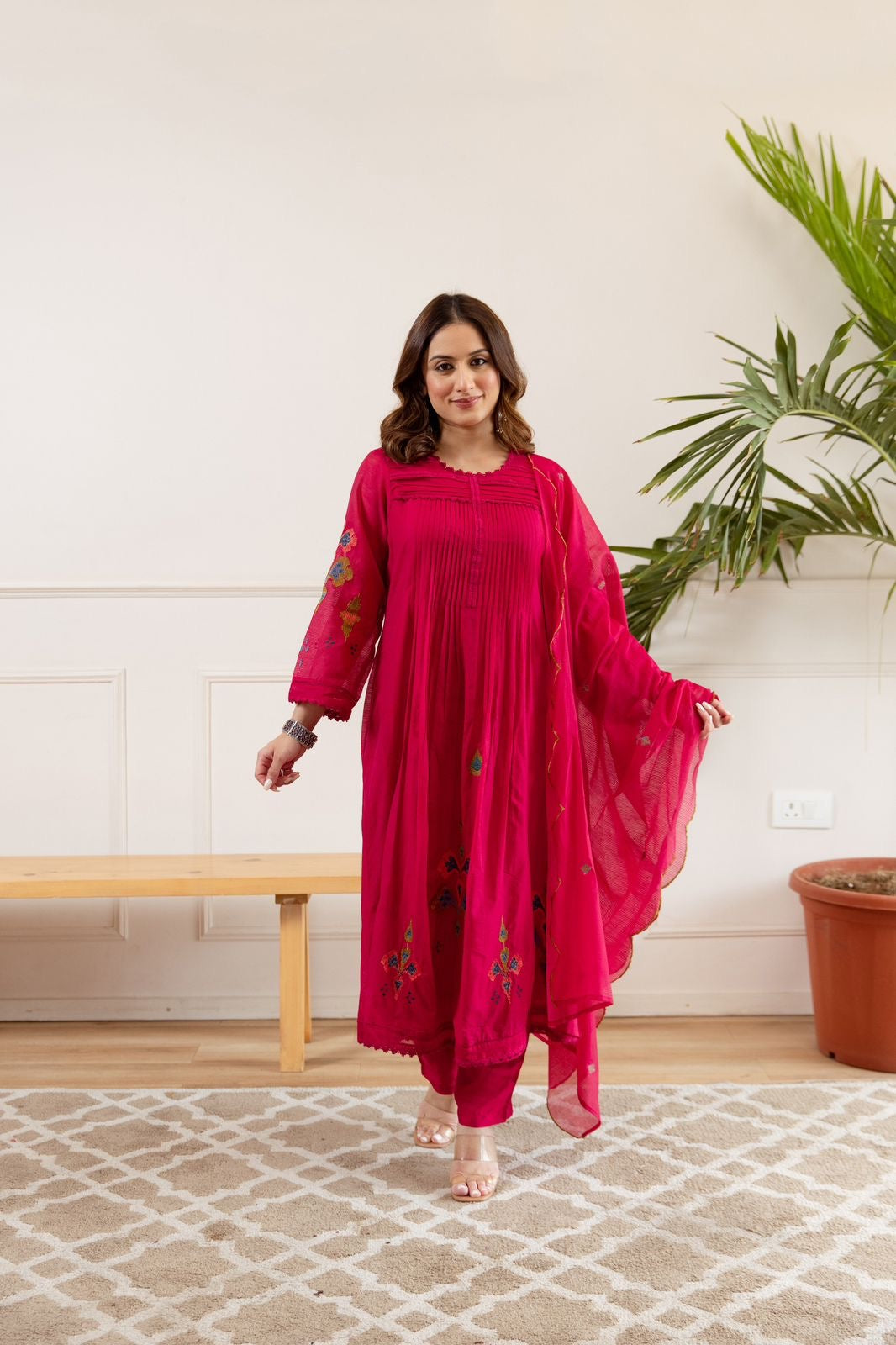 Zina Pink Net Chanderi Embroidered Anarkali Set
