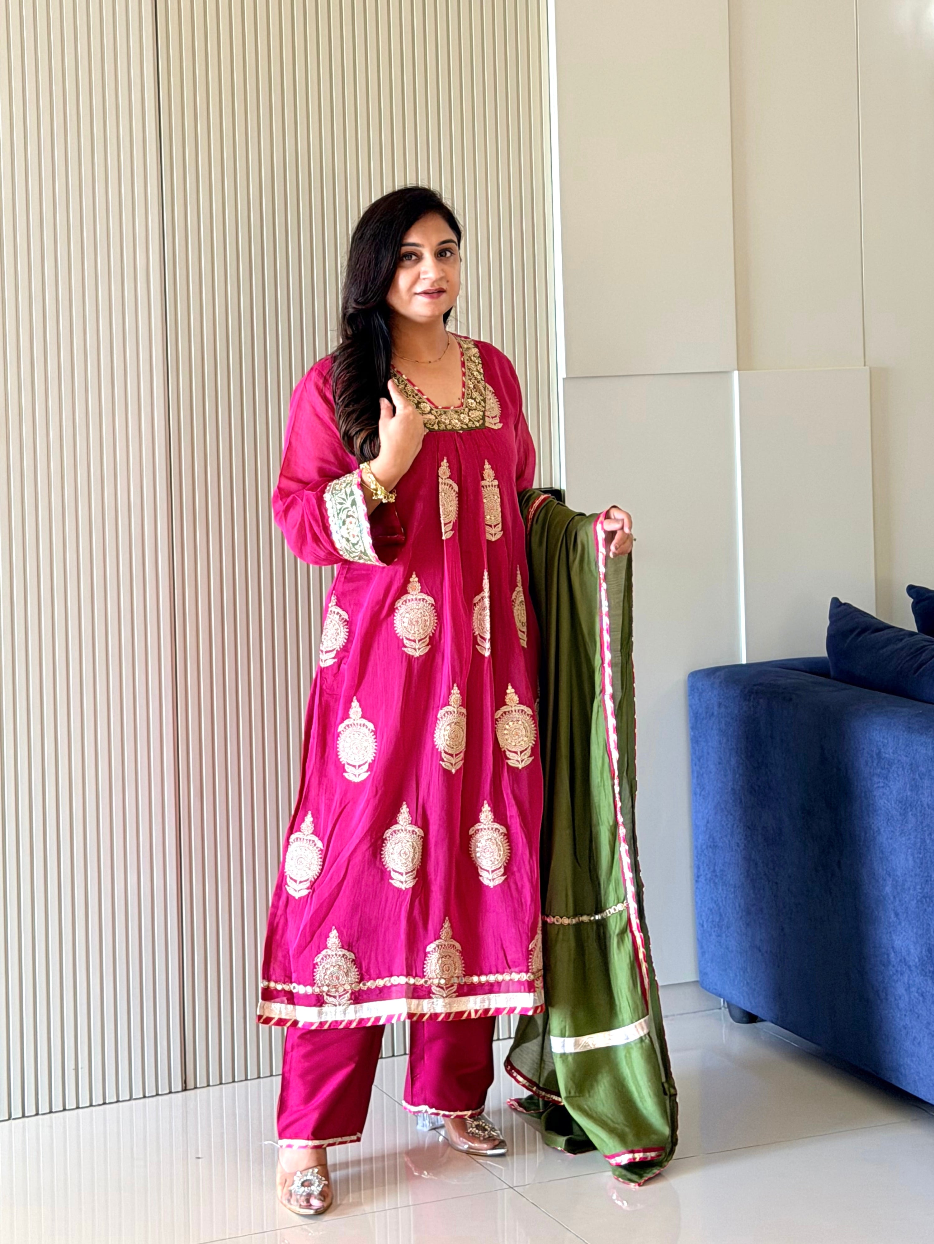 Suhani Pink Mul Chanderi Embroidered A-line Dupatta Set