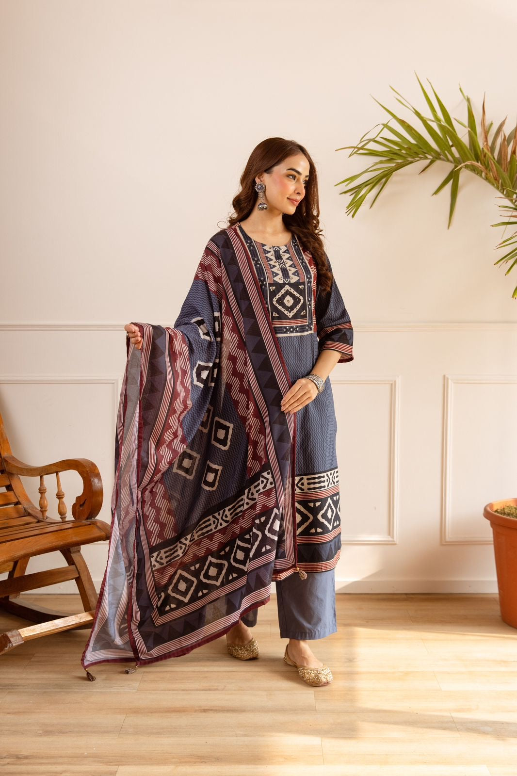 Gehna Blue Cotton Casual Embroidered Dupatta Set
