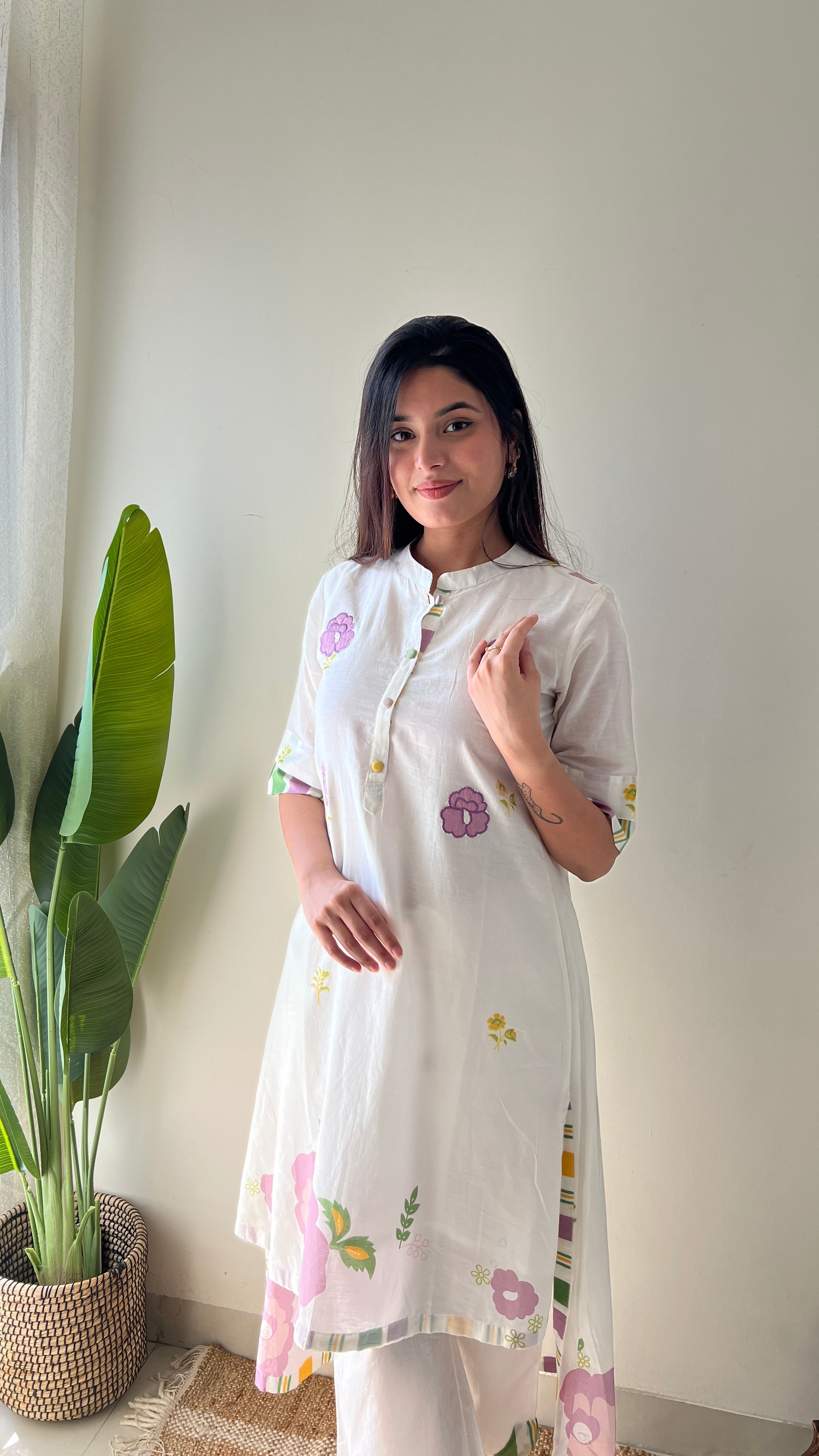 Jeena Mul Cotton Embroidered High Low Coord Set