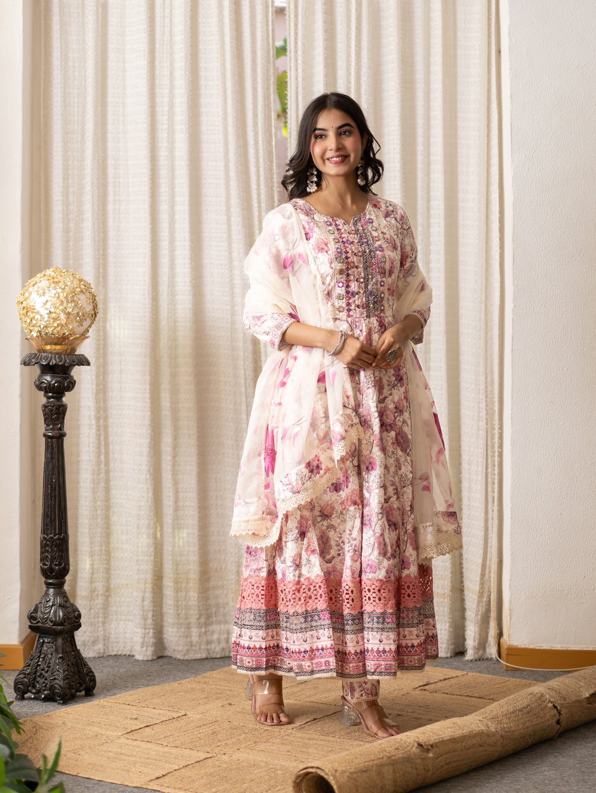 Seerat Pink Cotton Sciffili Embroidered Anarkali Set