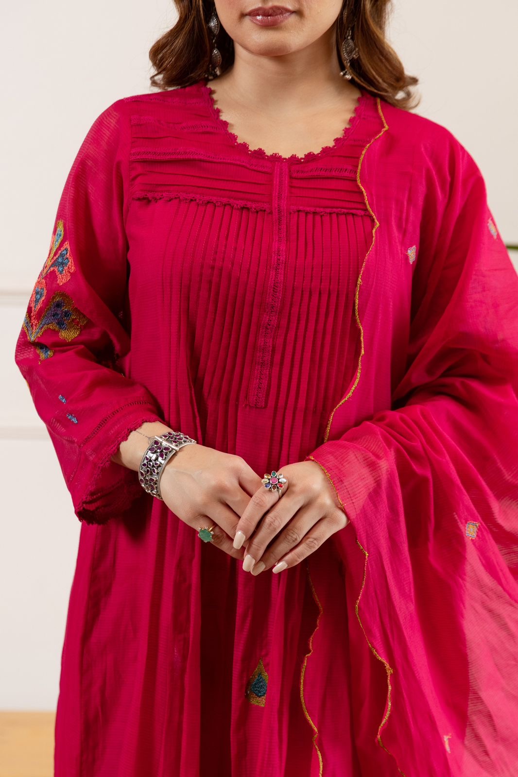 Zina Pink Net Chanderi Embroidered Anarkali Set