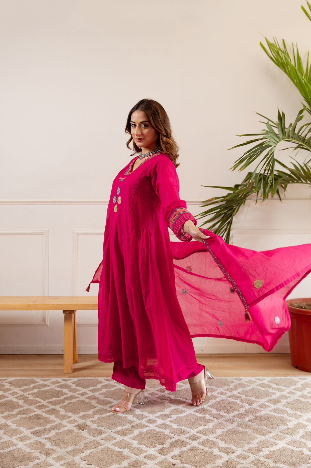 Zola Pink Net Chanderi Embroidered Anarkali Set