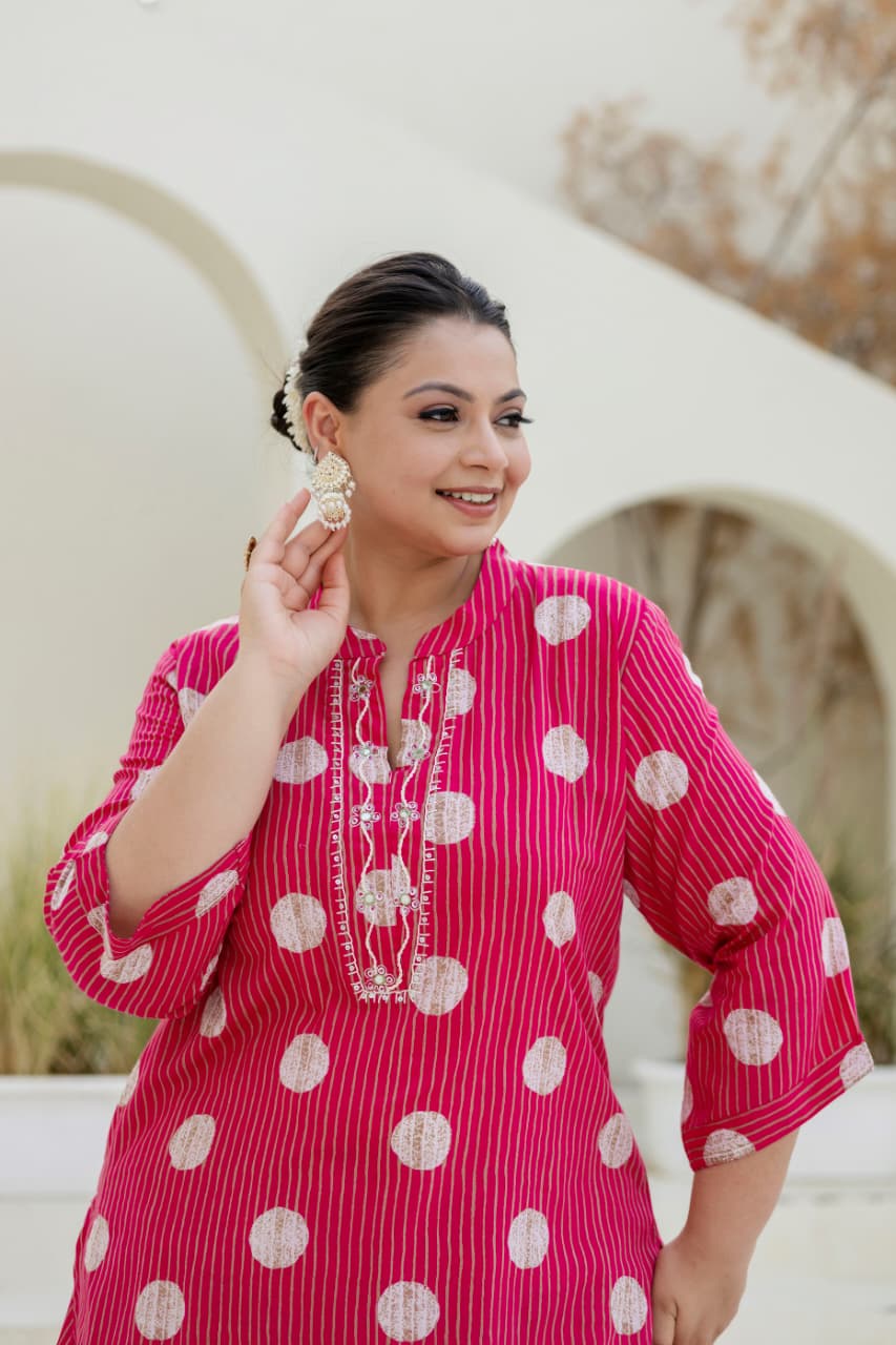 Tanisha Pink Polka Embroidered A-line Kurta Set