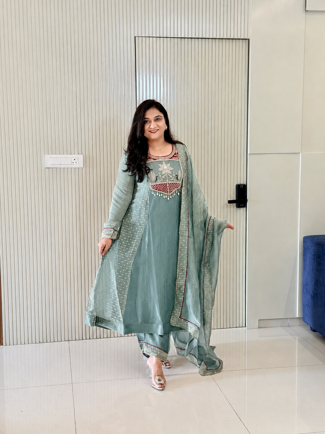 Rehana Green Shimmer Tissue Embroidered Anarkali Dupatta Set