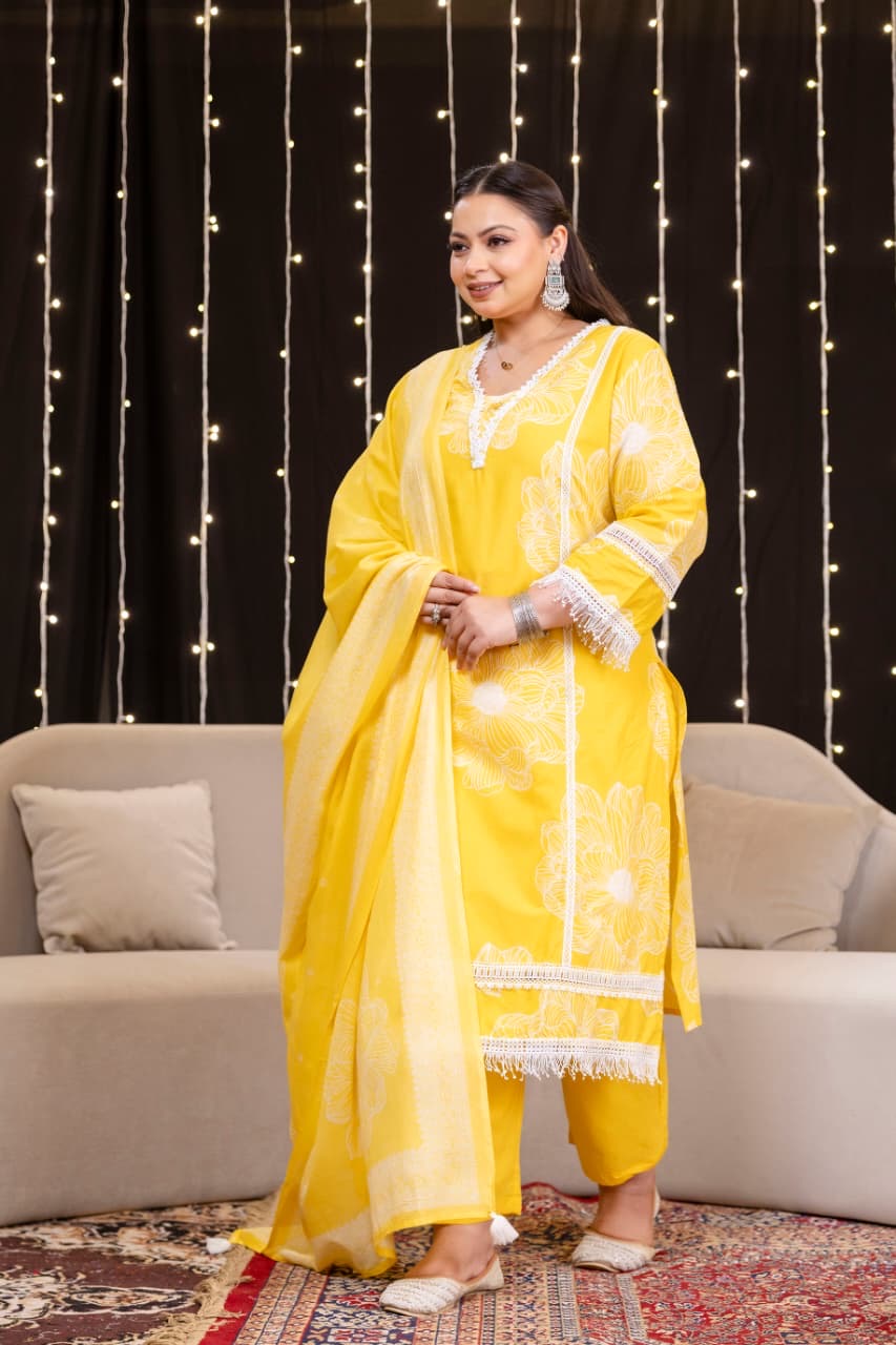 Tuba Yellow Cotton Lace Deatailed Straight Dupatta Set