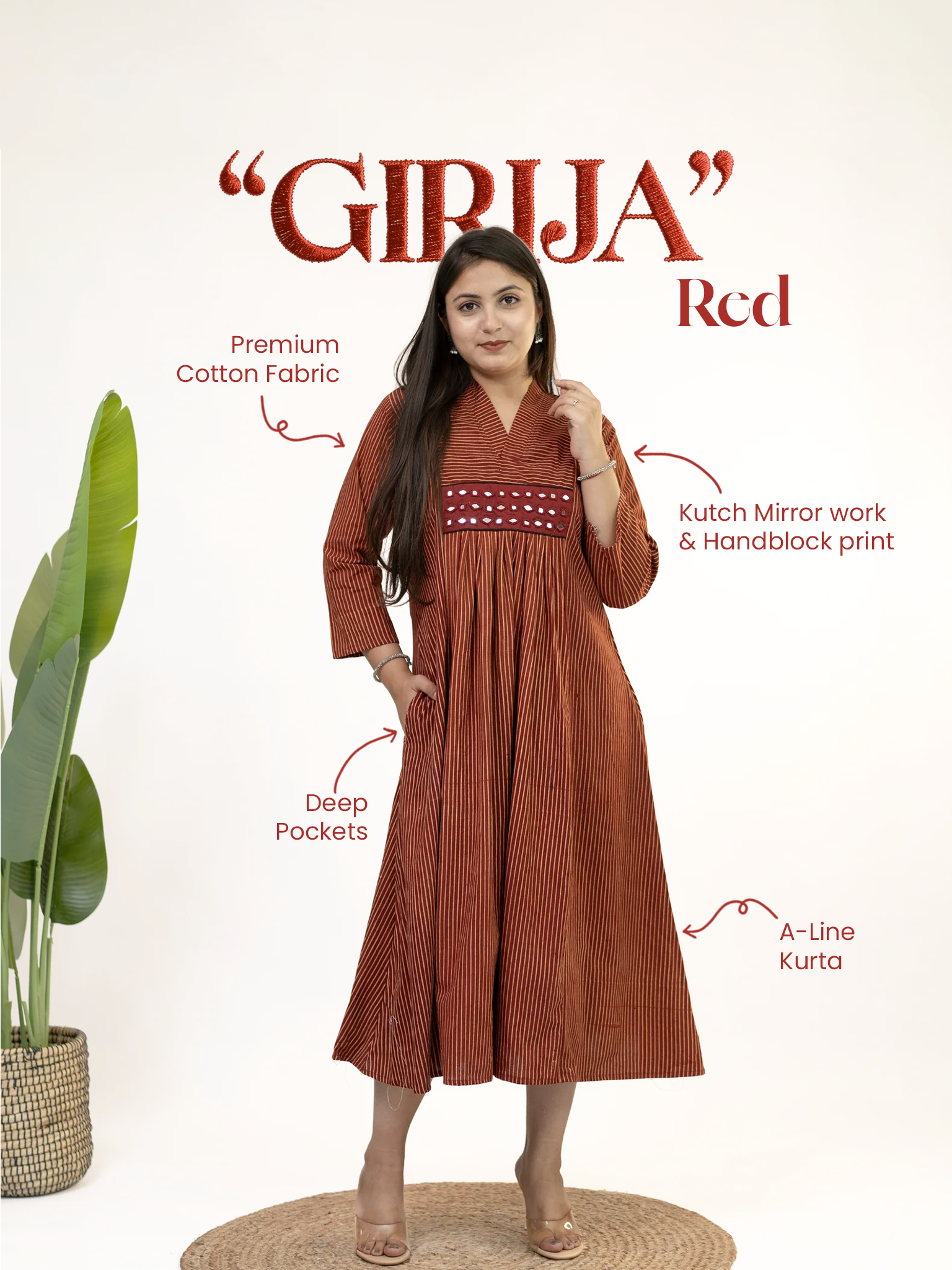 Girija Red Mul Cotton Strips Handblock Kutch Embroidered A-line Kurta