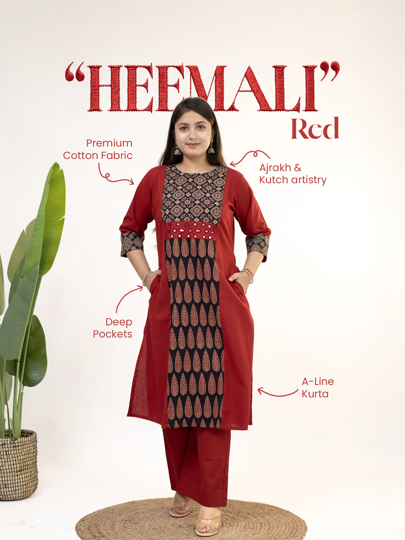 Heemali Red Cotton Ajrakh Kutch Embroidered Kurta Set